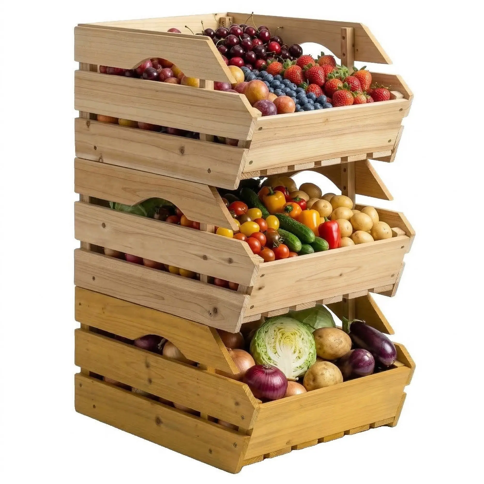 3-Tier Removable Pine Wood Fruit Basket Stand — Stackable Fruit & Vegetable Rack, Easy to Move, 37.5 x 27 x 60 cm (Natural)