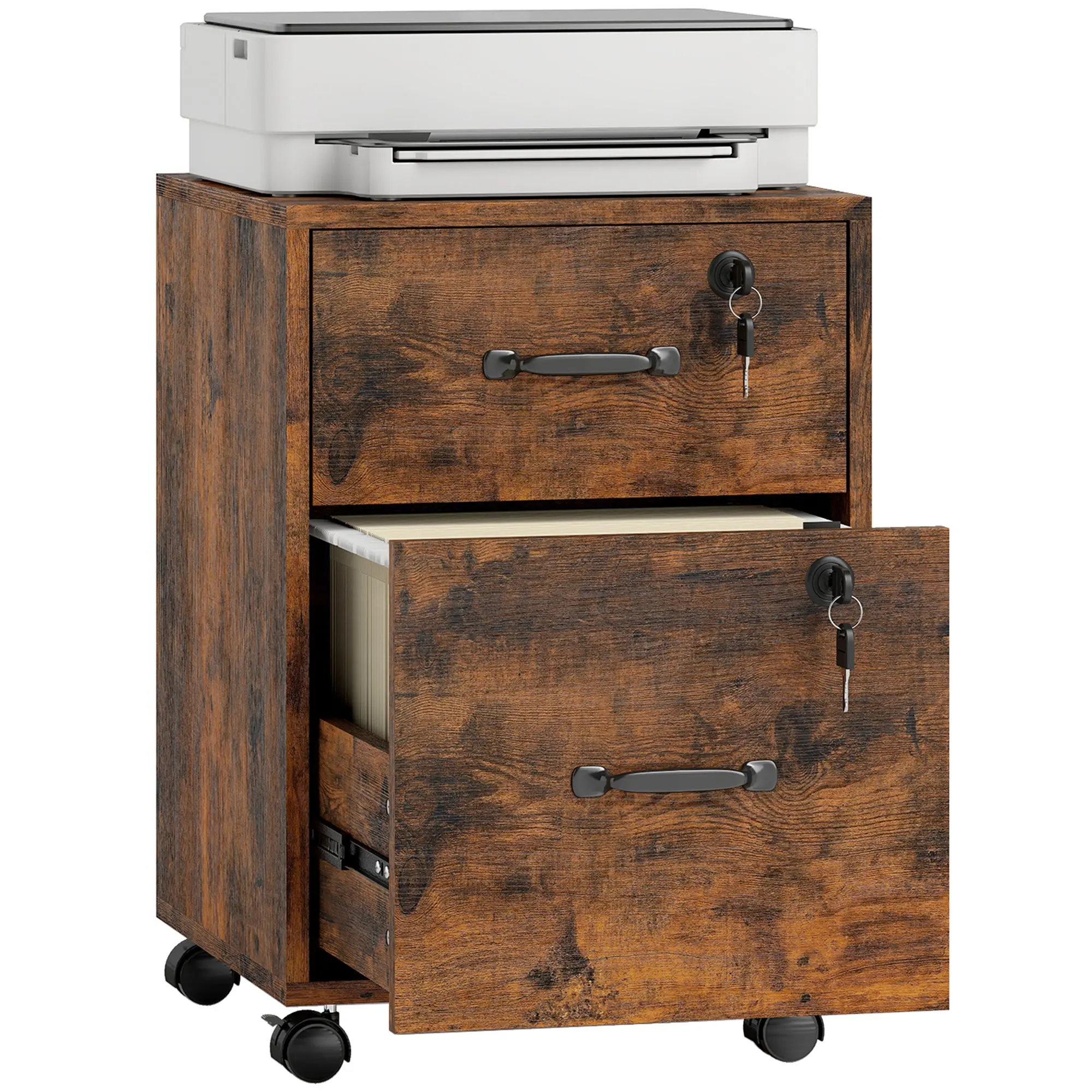 Mobile 2-Drawer File Cabinet with Casters — Letter Hanging Files & Printer Storage, 40 x 40 x 54.1 cm (15.7 x 15.7 x 21.3 in), Rustic Brown