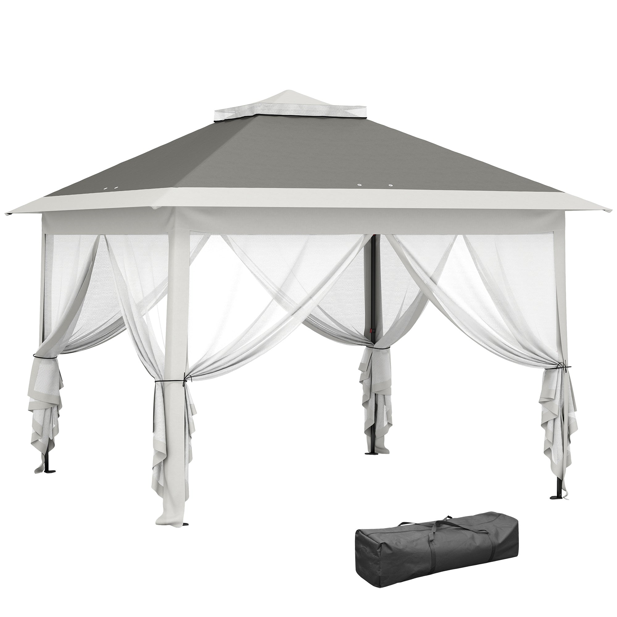 Outsunny Pop-Up-Gazebo 3,3 x 3,3 m höhenverstellbar in 3 Stufen mit Moskitonetzen, Seitenwänden und Tragetasche, Outdoor-Gazebo mit doppeltem Metalldach und Oxford-Stoff, Dunkelgrau