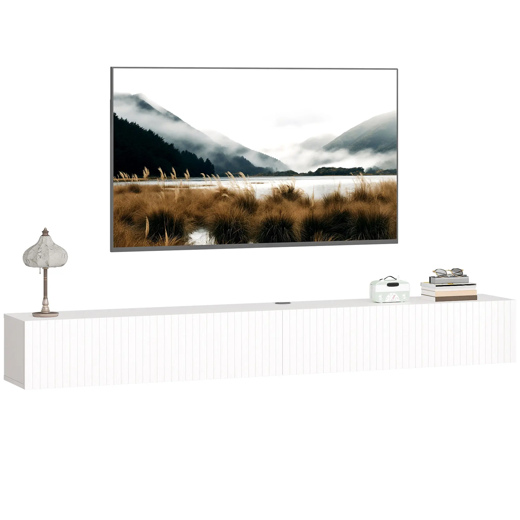 71 in Floating Wall-Mounted TV Unit – Fits TVs up to 72", Fluted Drop-Down Doors, White