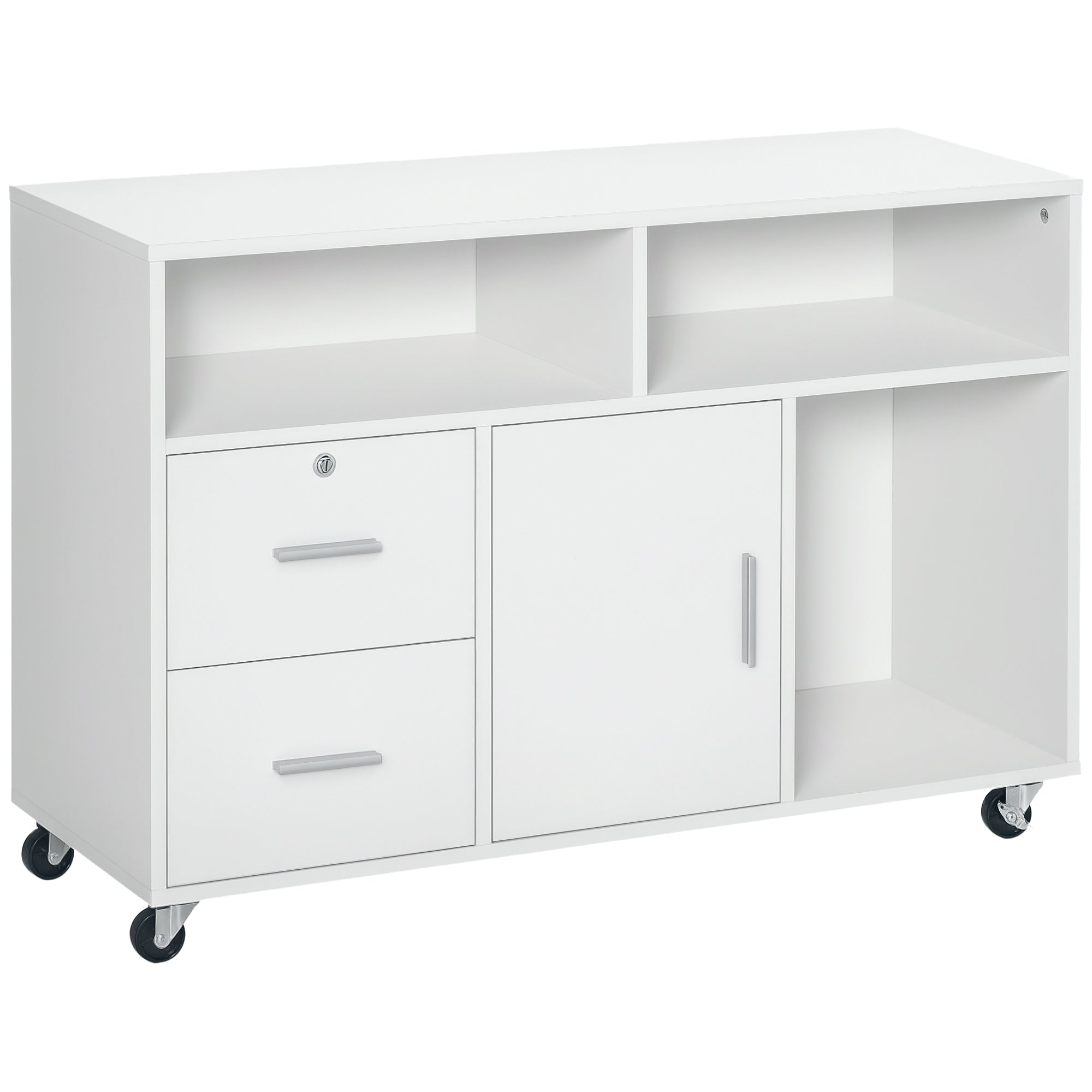 HOMCOM Büro Hilfsmöbel Aktenschrank mit Rollen, Regalen und Schubladen, Mehrzweckschrank mit großem Stauraum 100x35x65 cm Weiß