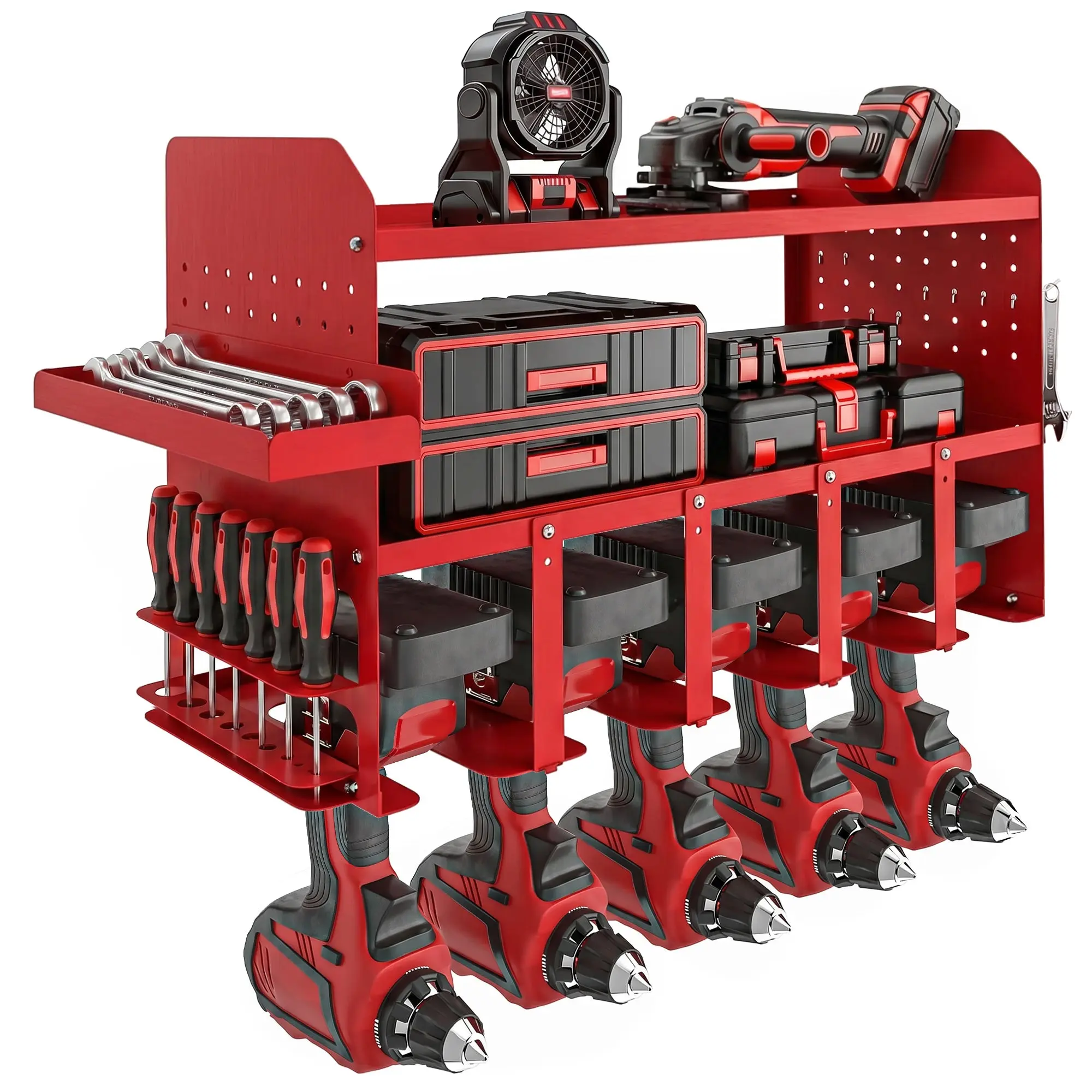 Garden Power Tool Organizer, 2-Tier Wall Storage Shelf for 5 Drills, Metal Rack with Side Tray & 4 Hooks, for Garage/Workshop, Red