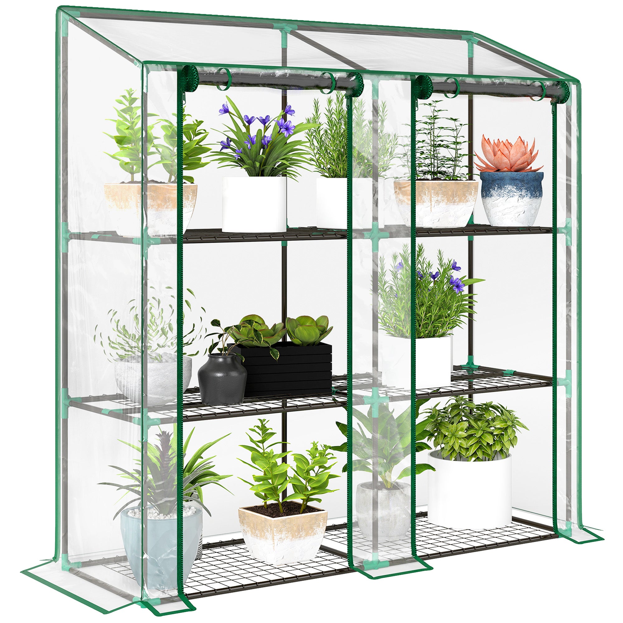Outsunny 3-stöckiges Garten-Gewächshaus mit Regalen, Schräge Dach und 2 Reißverschluss-Türen zur Pflanzenkultivierung auf der Terrasse 143x46x141/151 cm Transparent