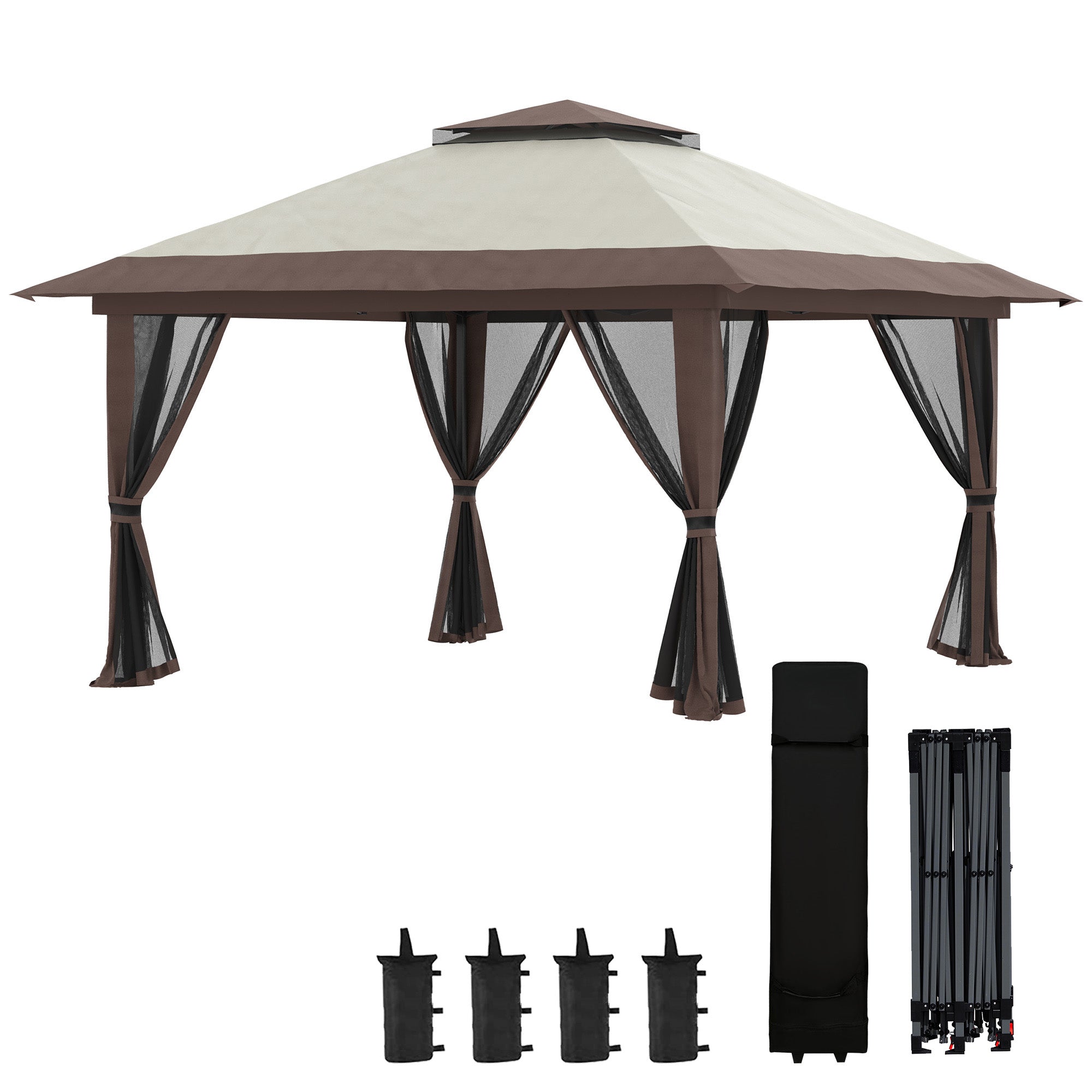Outsunny 4 x 4 m Pop Up Gazebo with Side Panels, UV50+ Double-Roof Garden Party Tent with Adjustable Height & Wheeled Carry Bag, Beige
