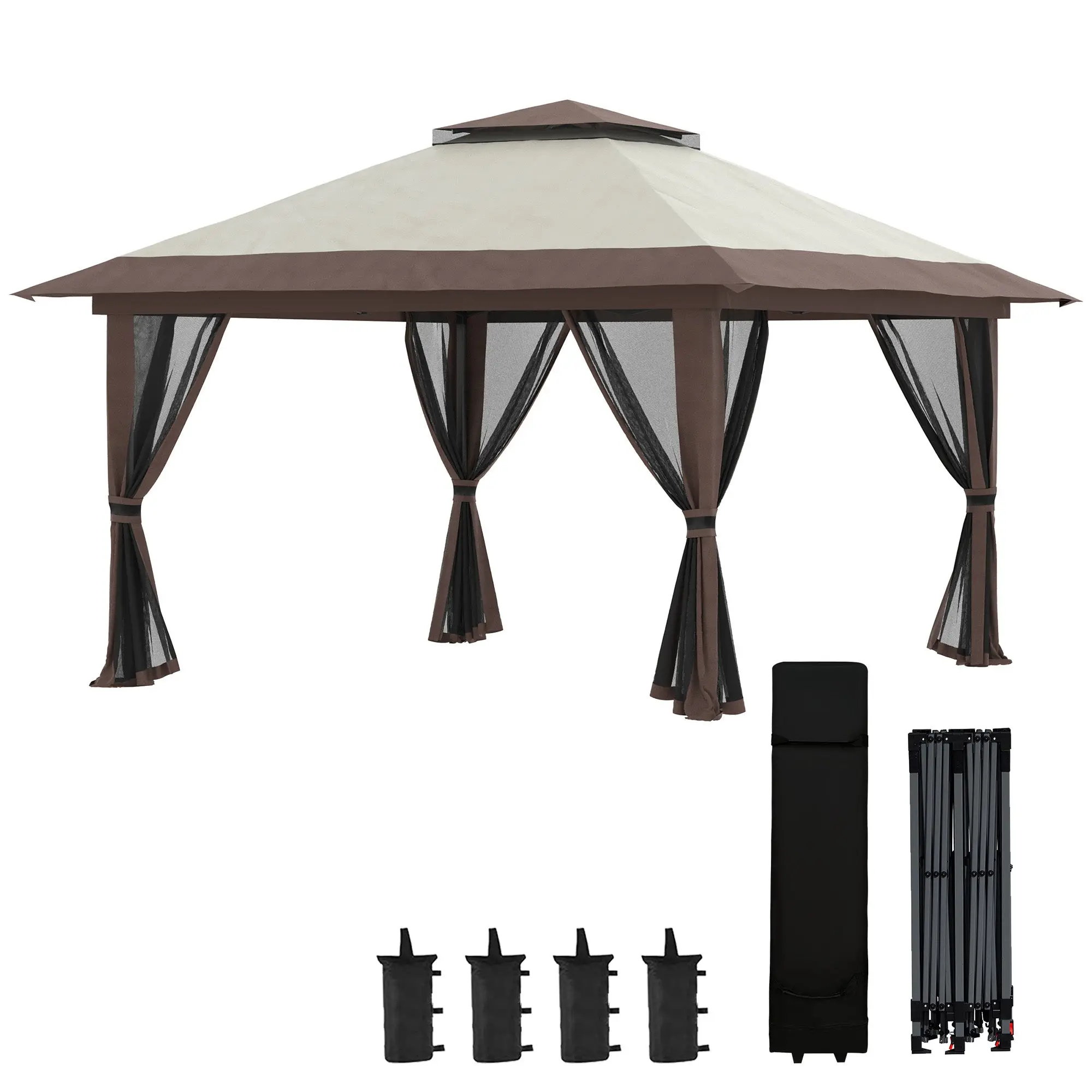 Outsunny 4 x 4 m Pop Up Gazebo with Side Panels, UV50+ Double-Roof Garden Party Tent with Adjustable Height & Wheeled Carry Bag, Beige