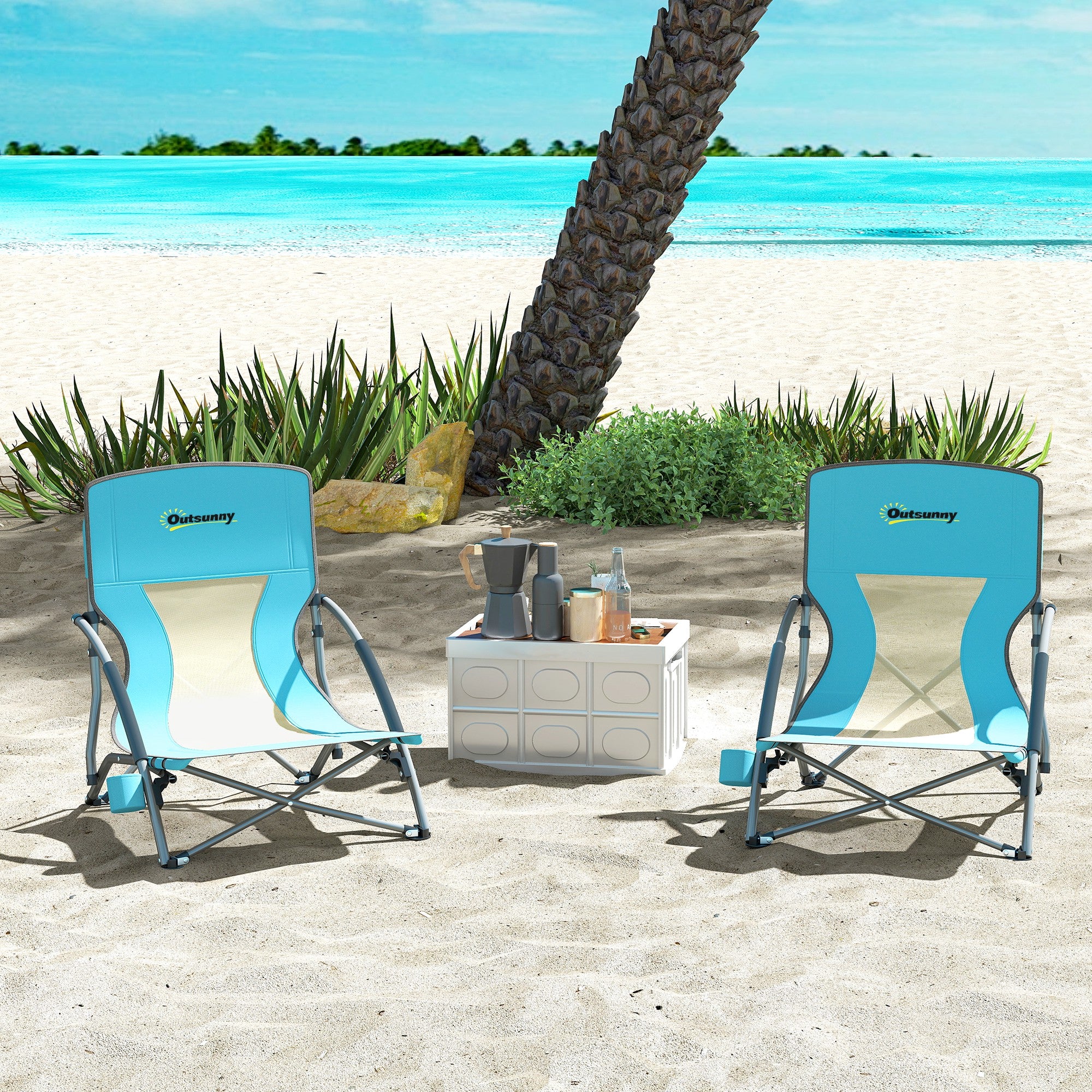 Outsunny Set von 2 klappbaren Strandstühlen, leichte Campingstühle 2,2 kg, mit Netzrückenlehne, Tragetasche und Becherhalter für Garten, Picknick, Festival, Reisen, Blau