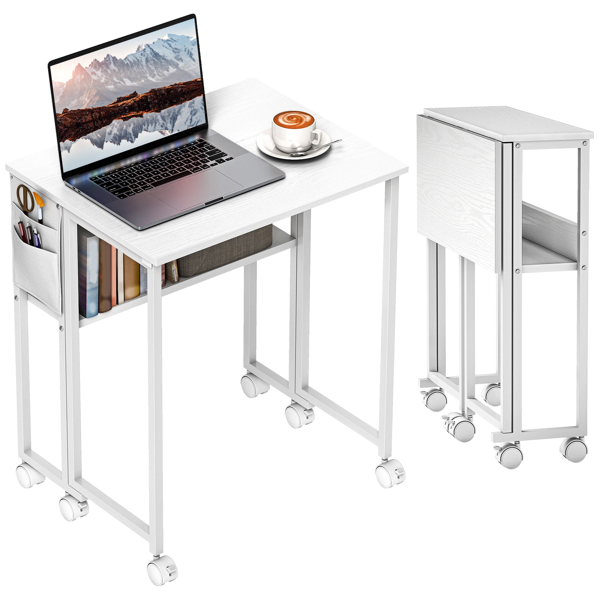 Folding Small Desk 63 cm | Space-Saving Rolling Computer Desk with Shelf & Side Pocket, White