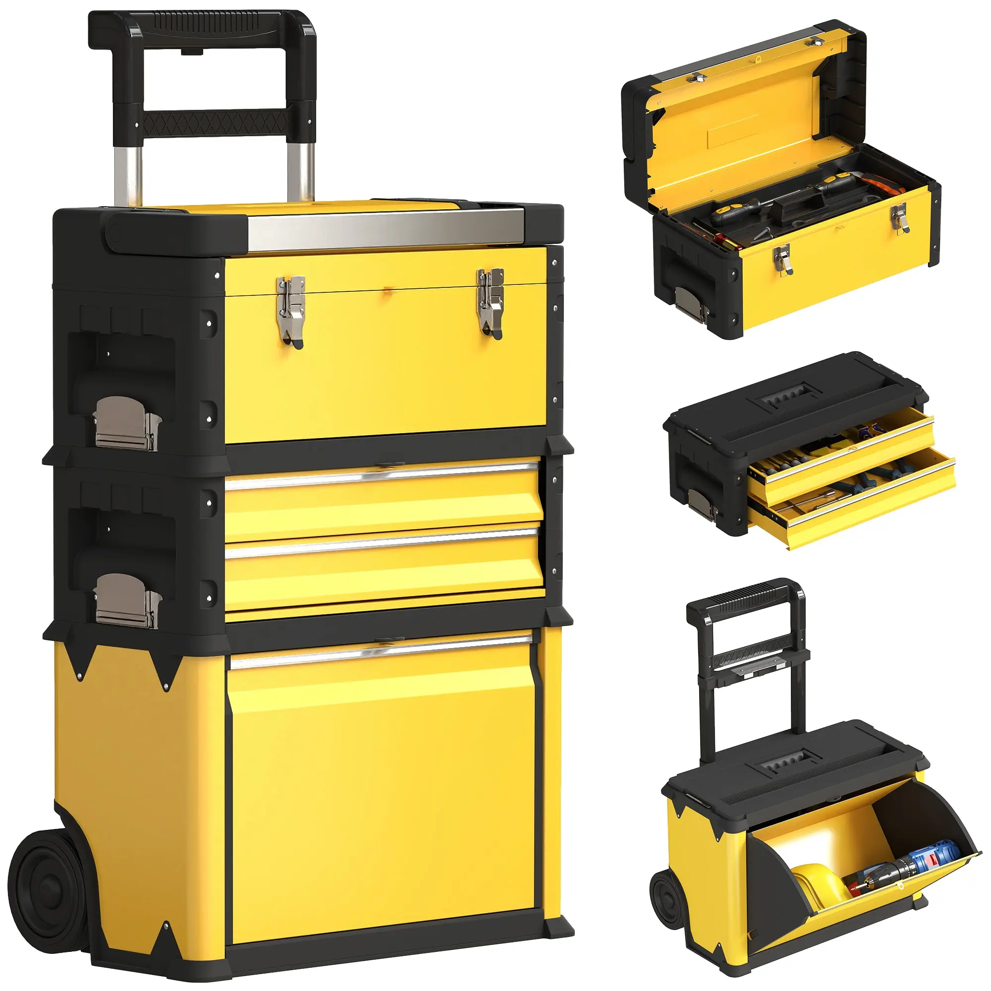 Mobile Stackable 3-in-1 Toolbox with Wheels Steel Tool Cart with Telescopic Handle Yellow and Black