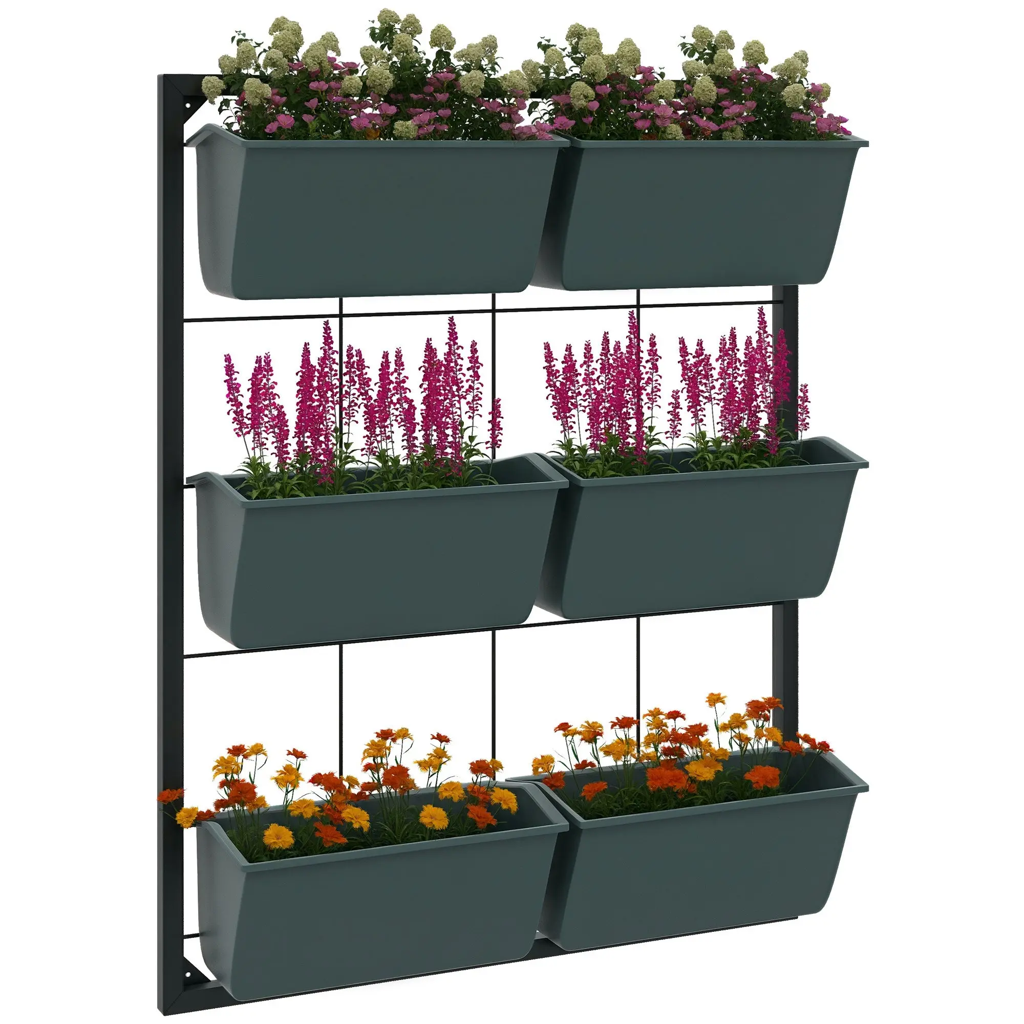 Vertical Outdoor Planter with 3 Levels, 6 Plastic Outdoor Plant Pots with Drainage Holes, Hanging Planters for Flowers and Herbs, 52x14x66 cm, Dark Green