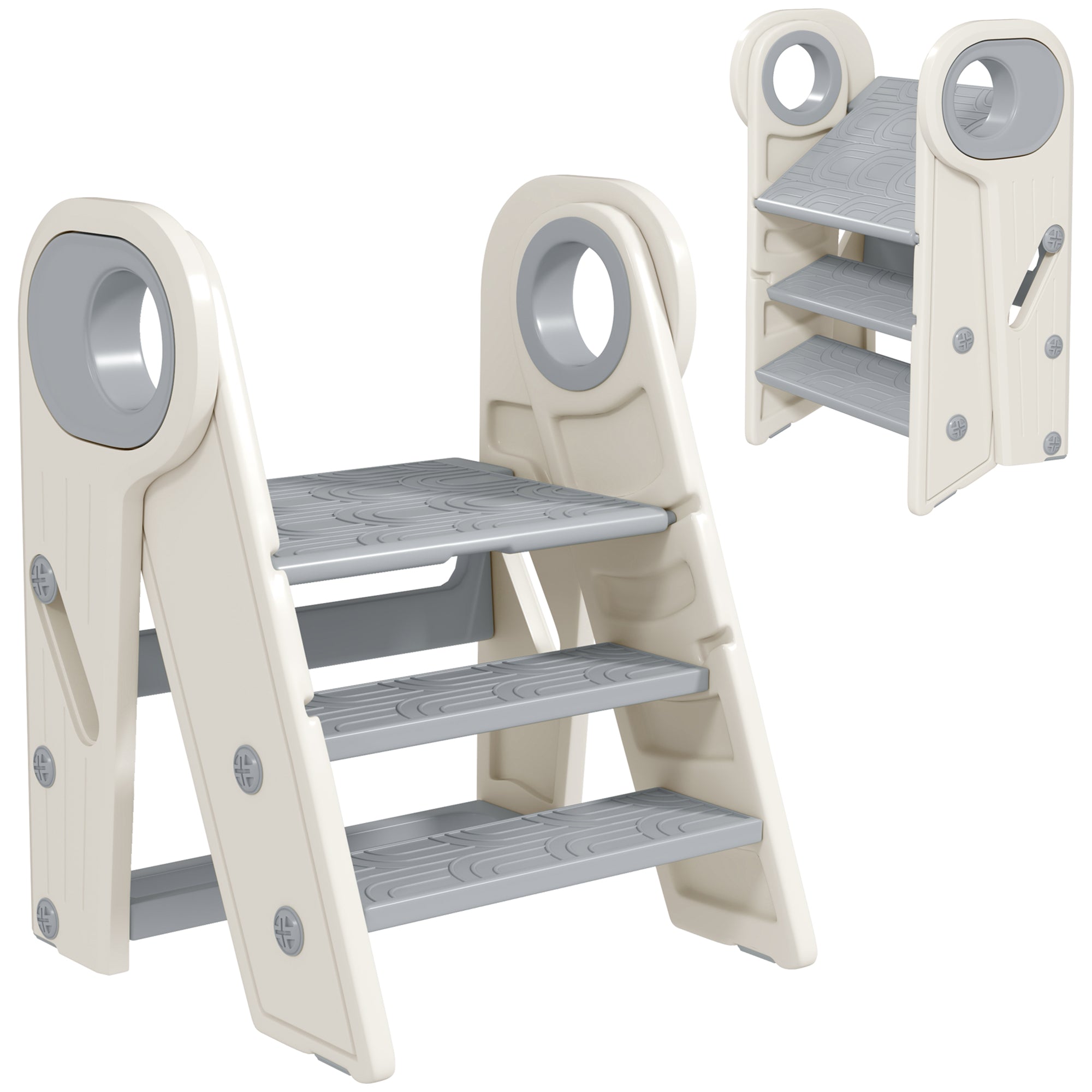 AIYAPLAY Kinder Klapphocker Verstellbarer Lernturm Trittleiter für Kinder von 18-60 Monaten Rutschfest für Badezimmer Küche Bücherregal Schlafzimmer Grau und Weiß