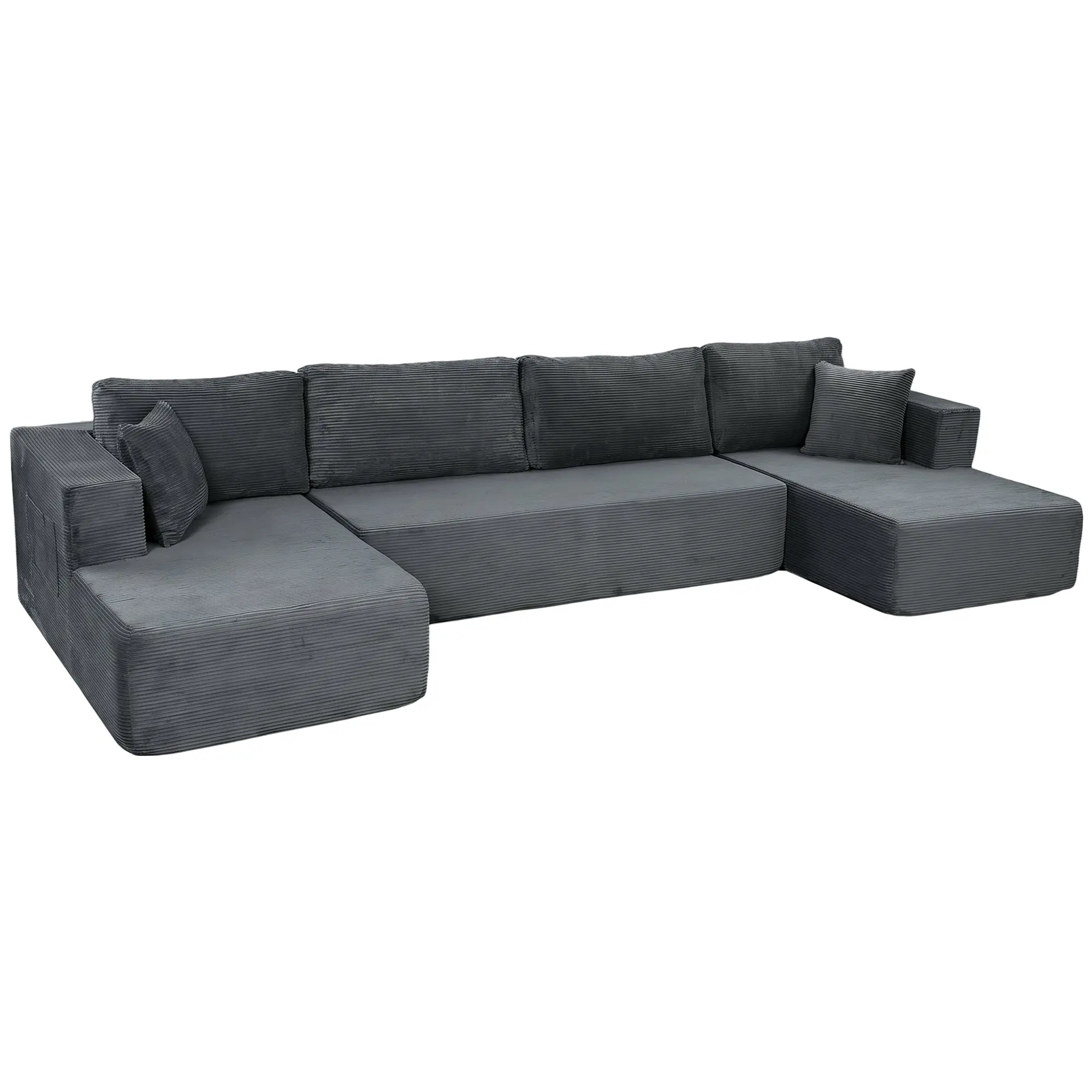 4-Seater Modular U-Section Sofa — 2 Chaises, Convertible Sofa Bed, Gray Corduroy, No Assembly