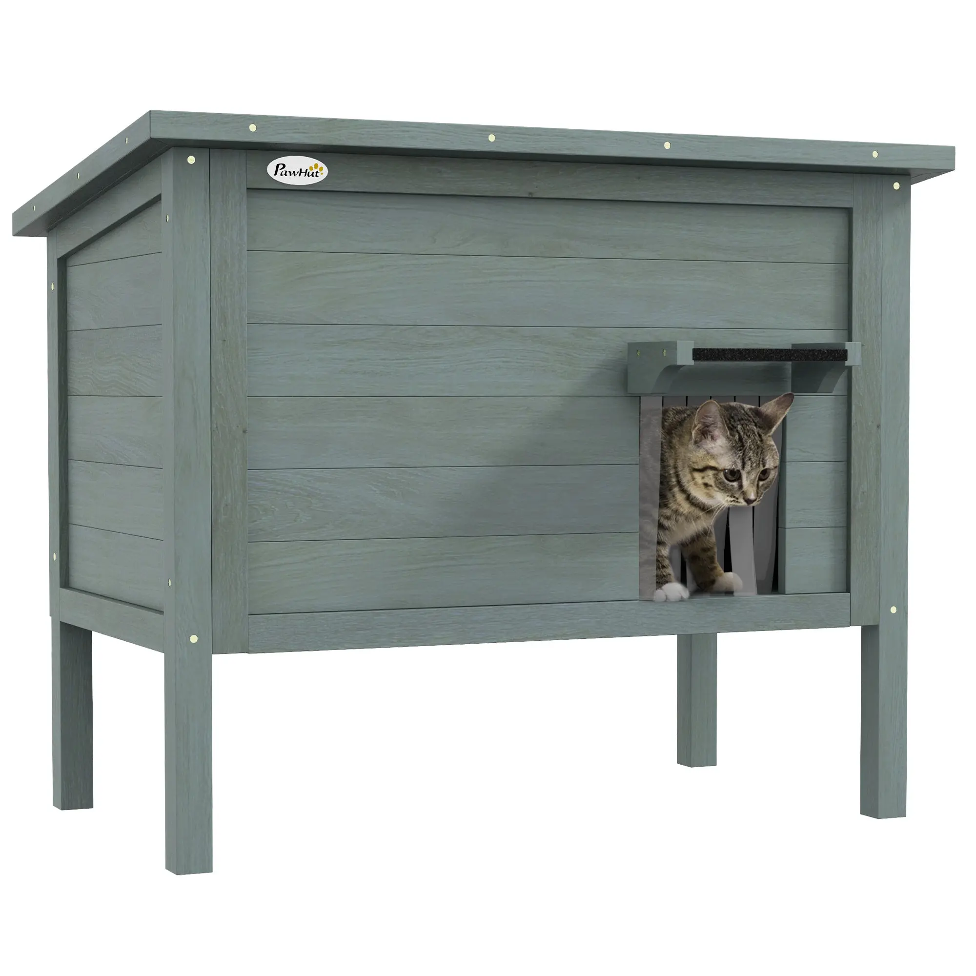 PawHut Outdoor Cat House Winterproof Waterproof Wooden Cat Shelter with Insulation, Asphalt Roof, Raised Feet, Hinged Roof, Garden Balcony Cat House 85x50x68.5cm Dark Grey