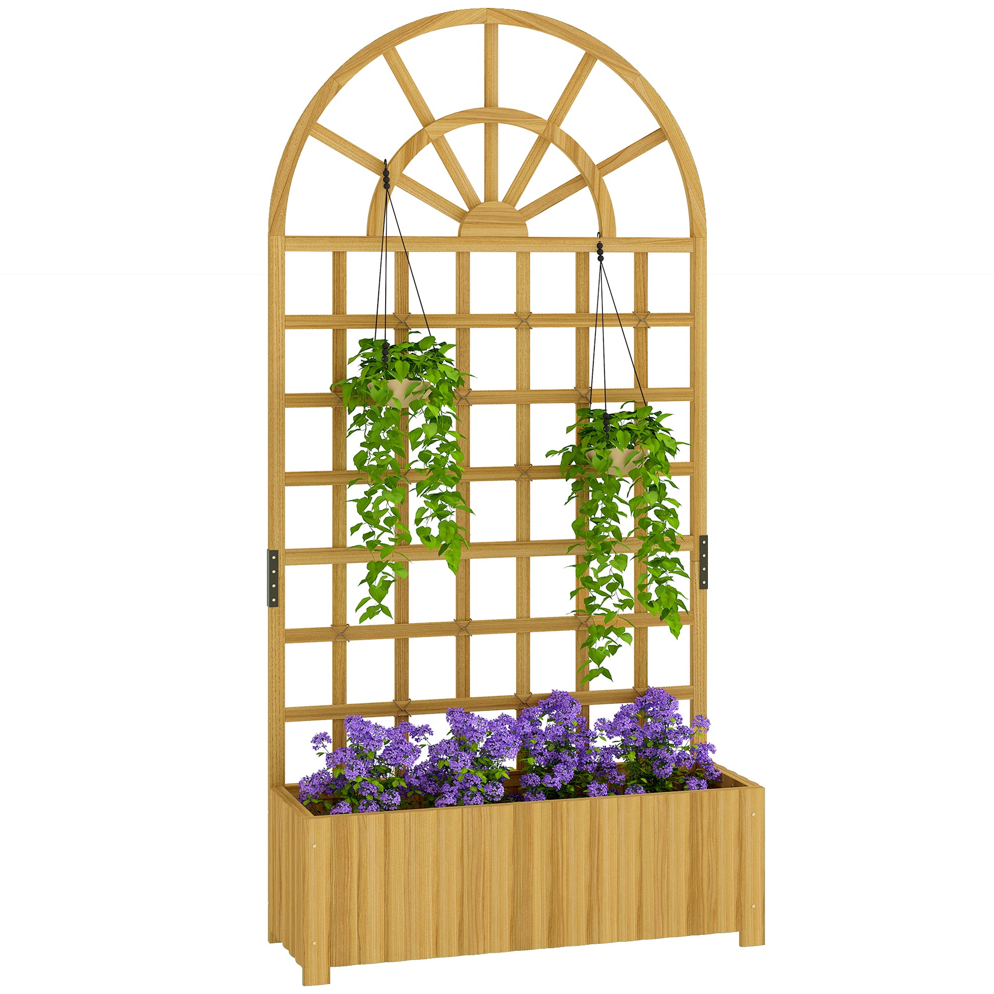Outsunny houten plantenbak met klimhulp, grote verhoogde buitenbak voor klimplanten met afvoergaten, 90 x 30 x 180 cm — natuurlijke afwerking