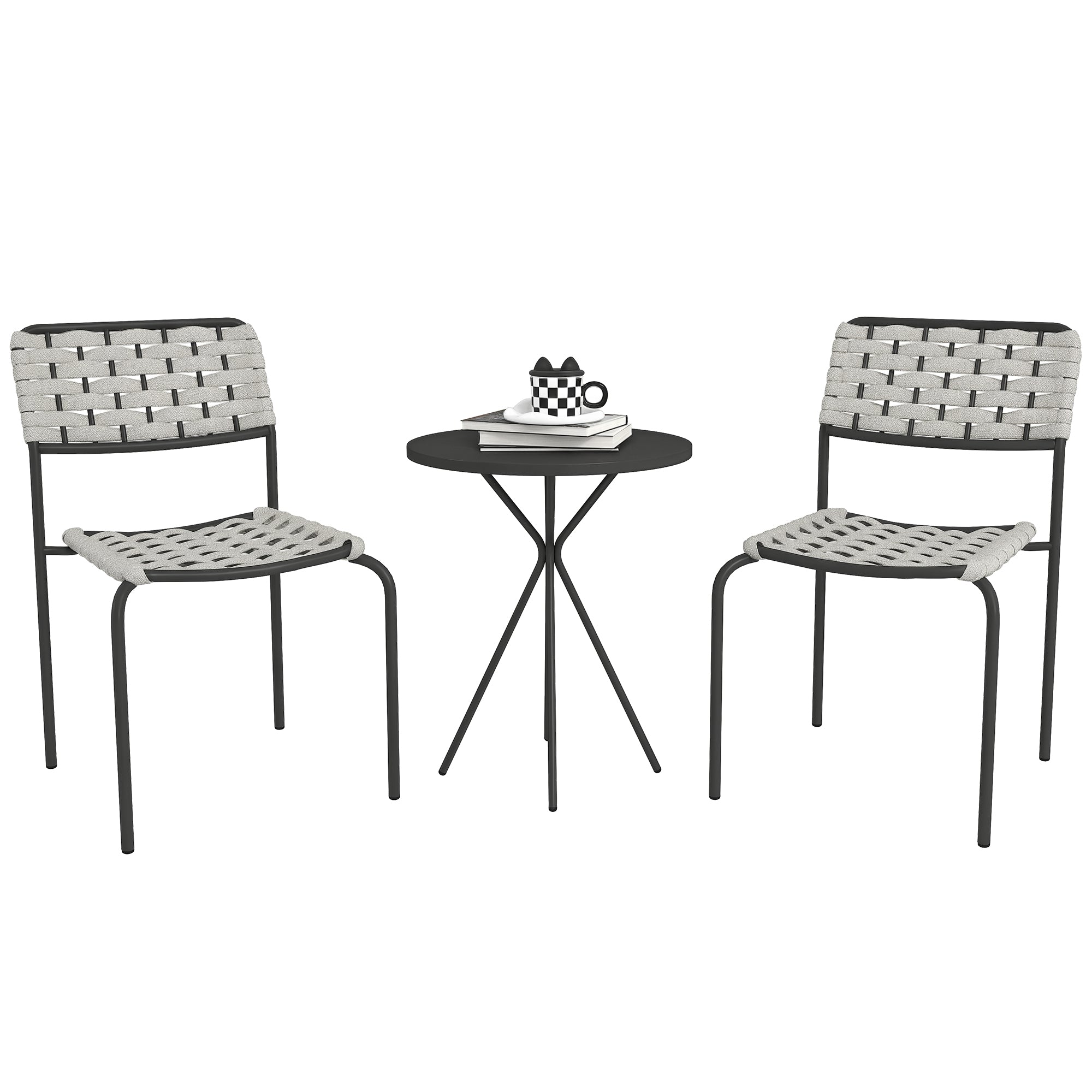 Outsunny Poly Rattan Trädgårdsmöbelset, Utomhus Lounge Balkongmöbler för 2 Personer, 3-delat Sittgrupp med 2 Stapelbara Stolar, Bord, Väderbeständig Trädgårdslounge för Trädgård, Terrass, Balkong, Grå