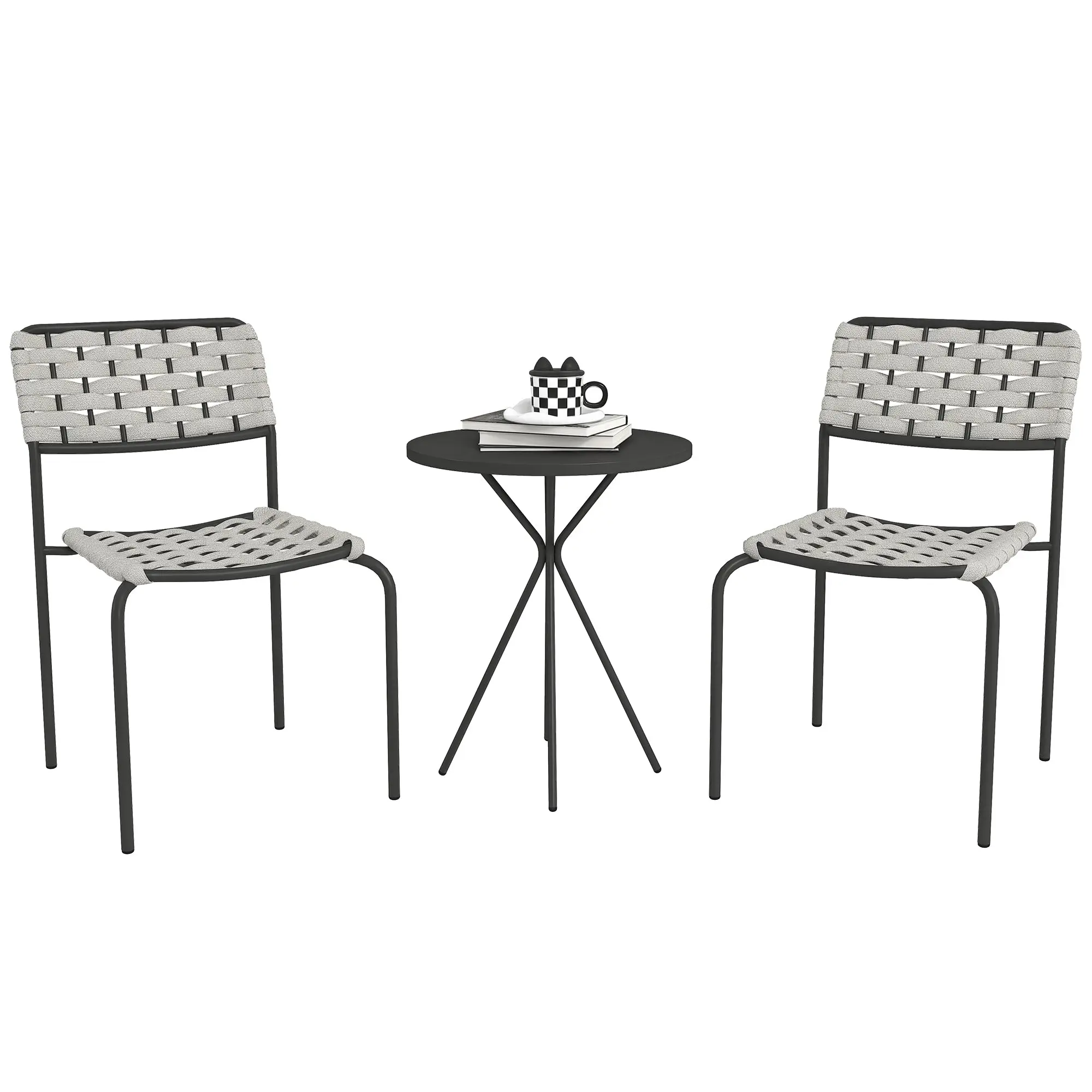 Poly Rattan Garden Furniture Set, Outdoor Lounge Balcony Furniture for 2 Persons, 3-Piece Seating Group with 2 Stackable Chairs, Table, Weatherproof Garden Lounge for Garden, Terrace, Balcony, Gray