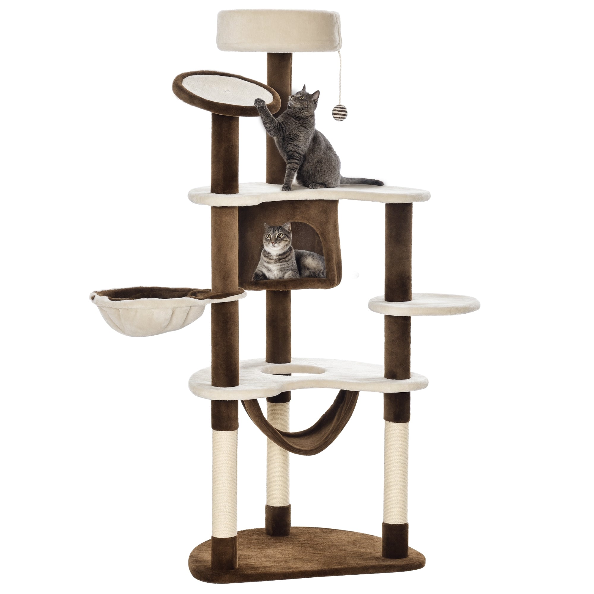 PawHut Kratzbaum mit Katzenhöhle und Hängematte XXL - Katzenbaum Kletterbaum für Katzen - Mehraktivitätszentrum - Plüsch Braun 65 x 50 x 153 cm