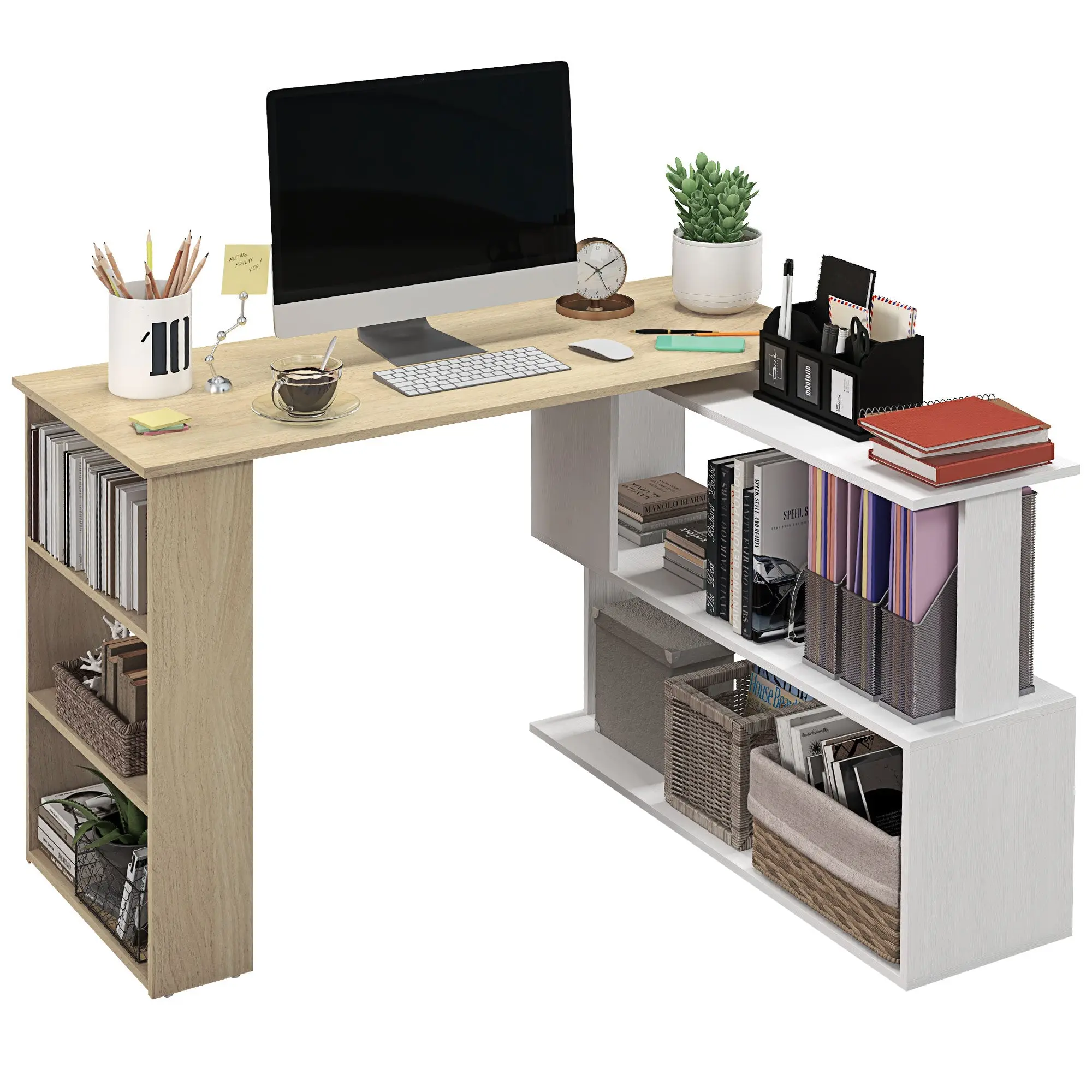 Rotating Corner Desk L-Shaped Desk with Shelf Desk with Shelves for Office Study 120x110x74.5 cm Natural and White