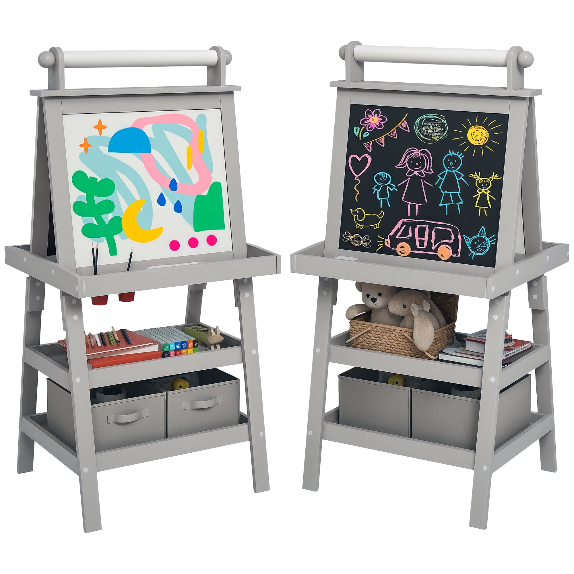 AIYPLAY Kinder Zeichen-Easel 3 in 1 Magnetische beidseitige Kinder-Tafel mit Papierrolle und Aufbewahrungskörben 59x48x118 cm Grau