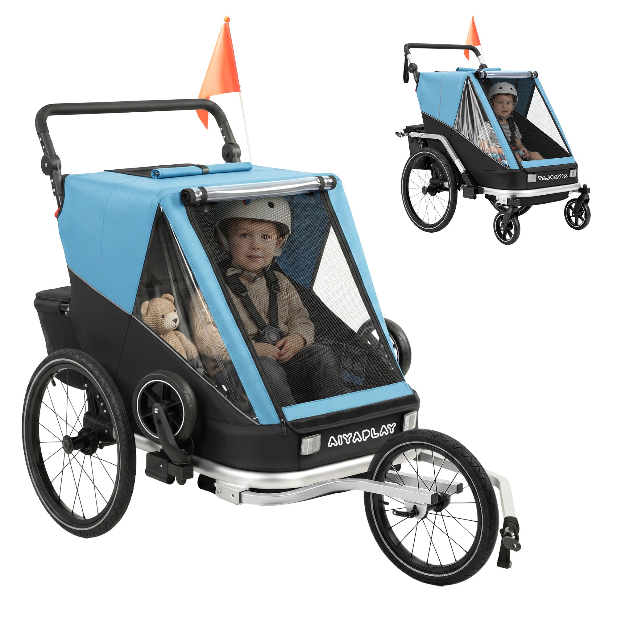 AIYAPLAY 2-i-1 hopfällbar 2-sits cykelvagn och barnvagn — 5-punktssele, säkerhetsflagga, för barn från 12 månader (max 18 kg)