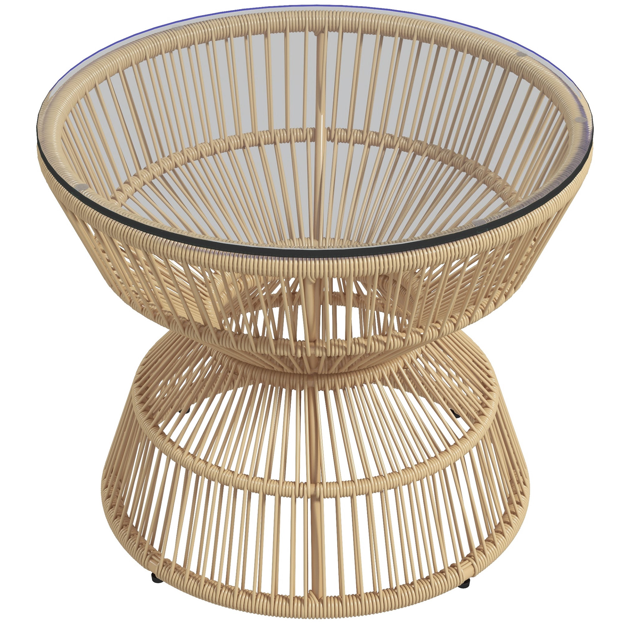 Outsunny Rattan Stranski Stol, Ø60 cm Kavni Stol, Vrtni Stol s Temperiranim Steklom, Balkonni Stol v Boho Obliki, Kavni Stol za Vrt in Balkon, Naravno les