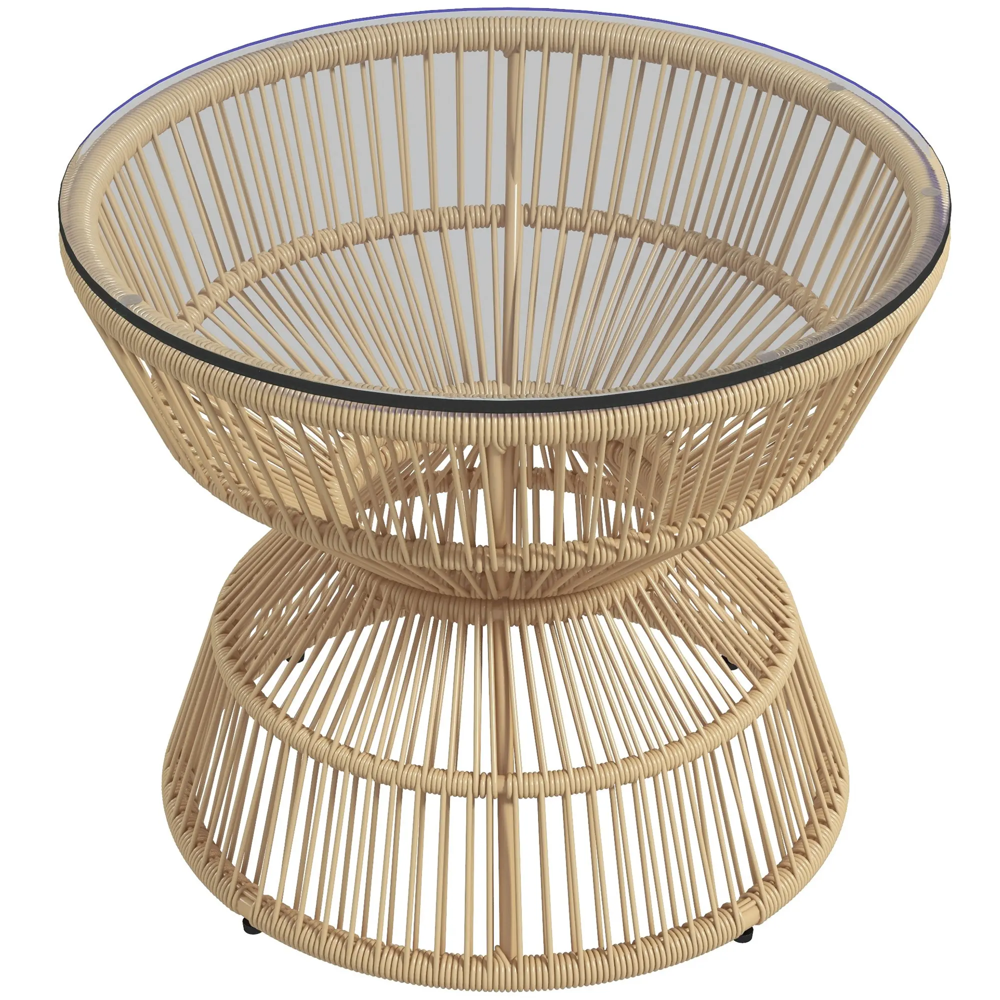 Rattan Side Table, ?60 cm Coffee Table Garden Table with Tempered Glass Table Top, Balcony Table in Boho Design, Coffee Table for Garden, Balcony, Natural Wood