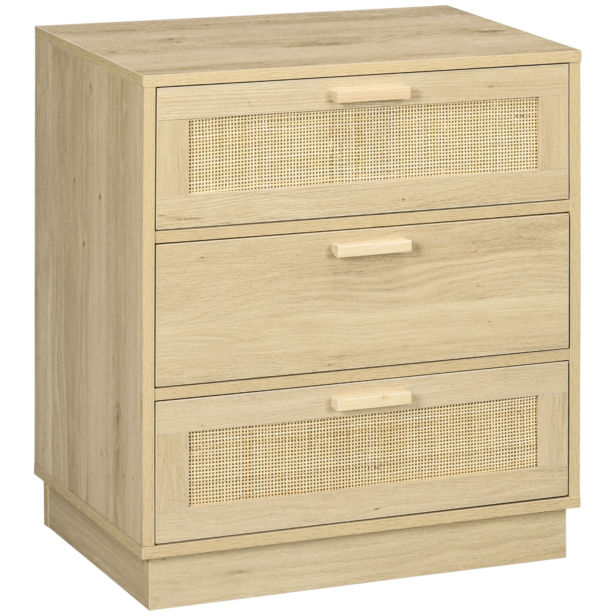 HOMCOM Nakts galds ar 3 Rattan režģa atvilktnēm Koka komodē Guļamistabai Dzīvojamā istabā Boho stils 60x38x69 cm Dabiskais