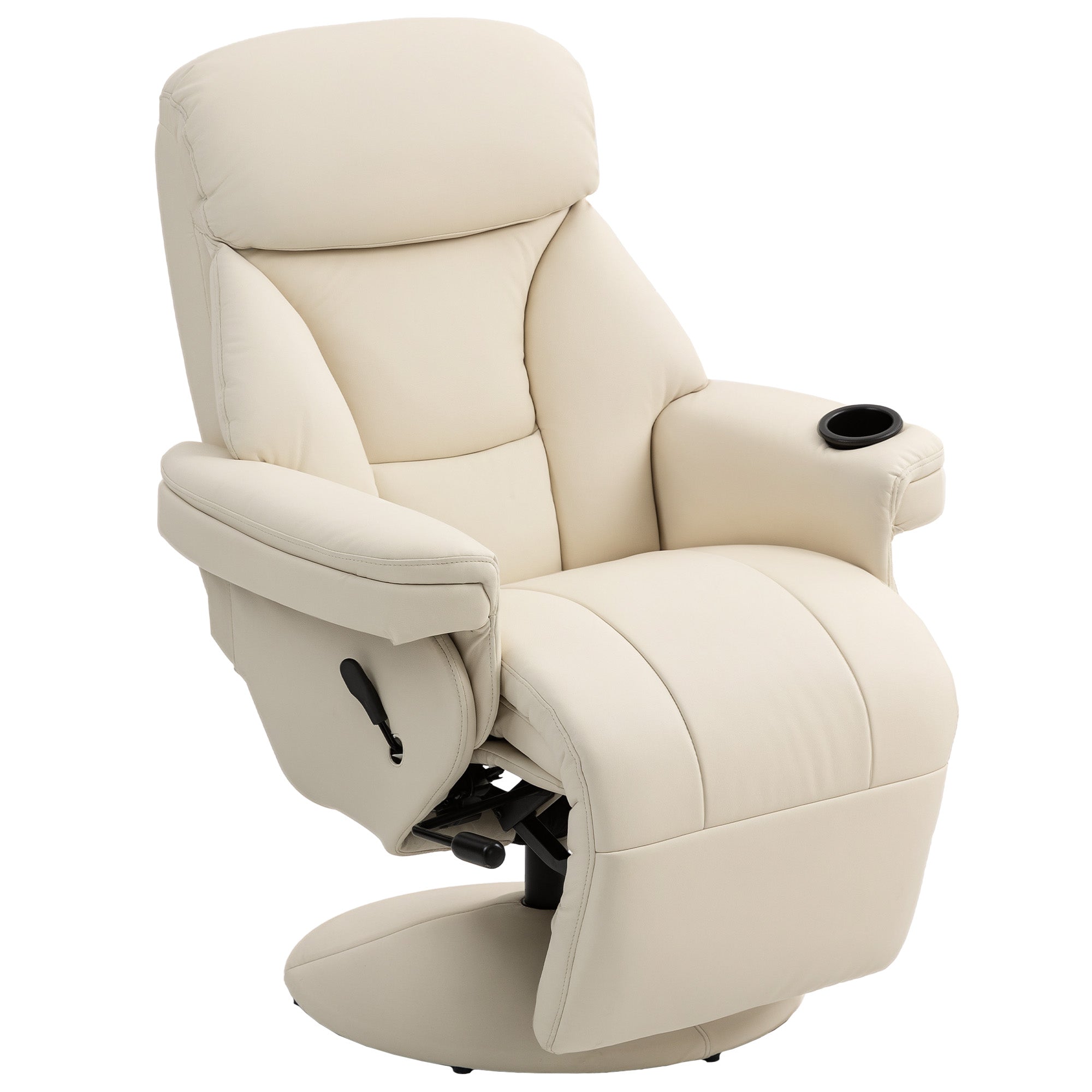 HOMCOM Fauteuil relax en PU avec inclinaison manuelle, porte-gobelet et poche latérale — Fauteuil TV pivotant pour salon/chambre, crème