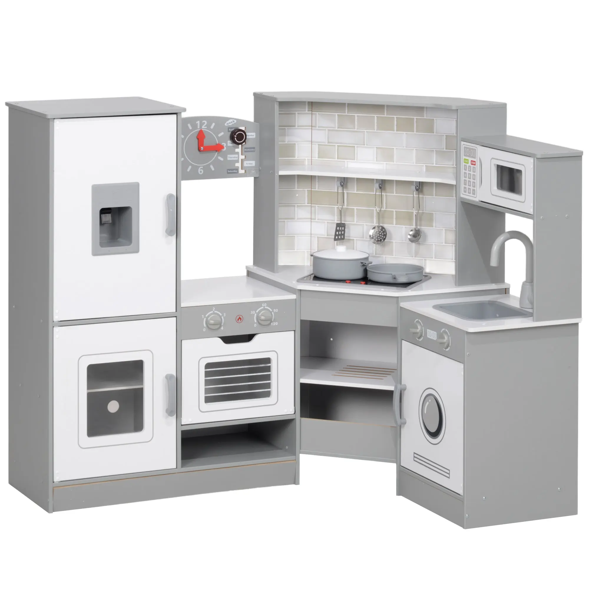 Kids Wooden Toy Kitchen +3 Years Old Children's Corner Kitchen with Sound Stove Oven Faucet Sink Microwave Washer Ice Maker and Accessories Gray