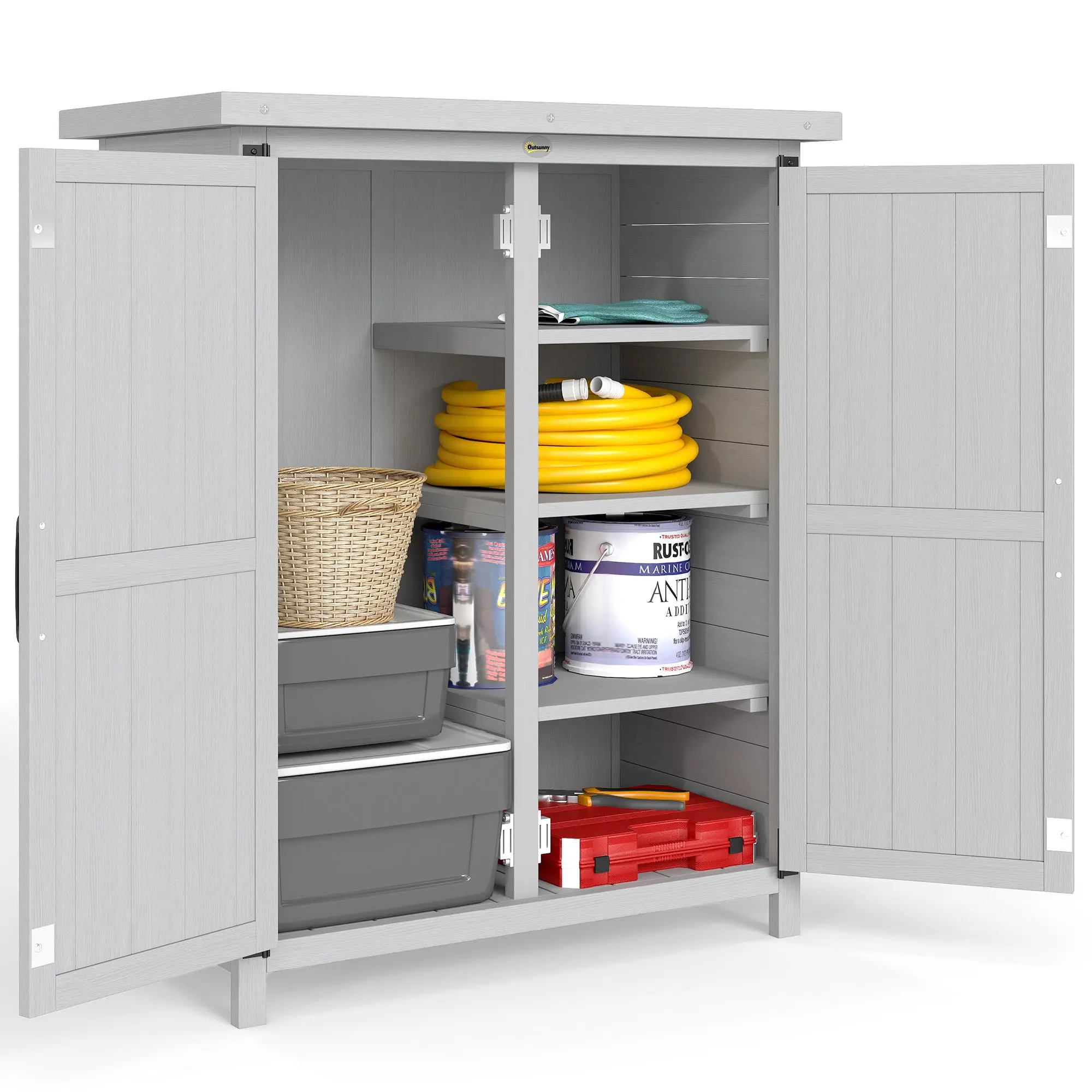 Gray Outdoor Wood Garden Storage Cabinet on Legs, 29.5 x 15.7 x 35.4 in (75 x 40 x 90 cm), 3 Shelves, 2 Doors, Galvanized Waterproof Roof