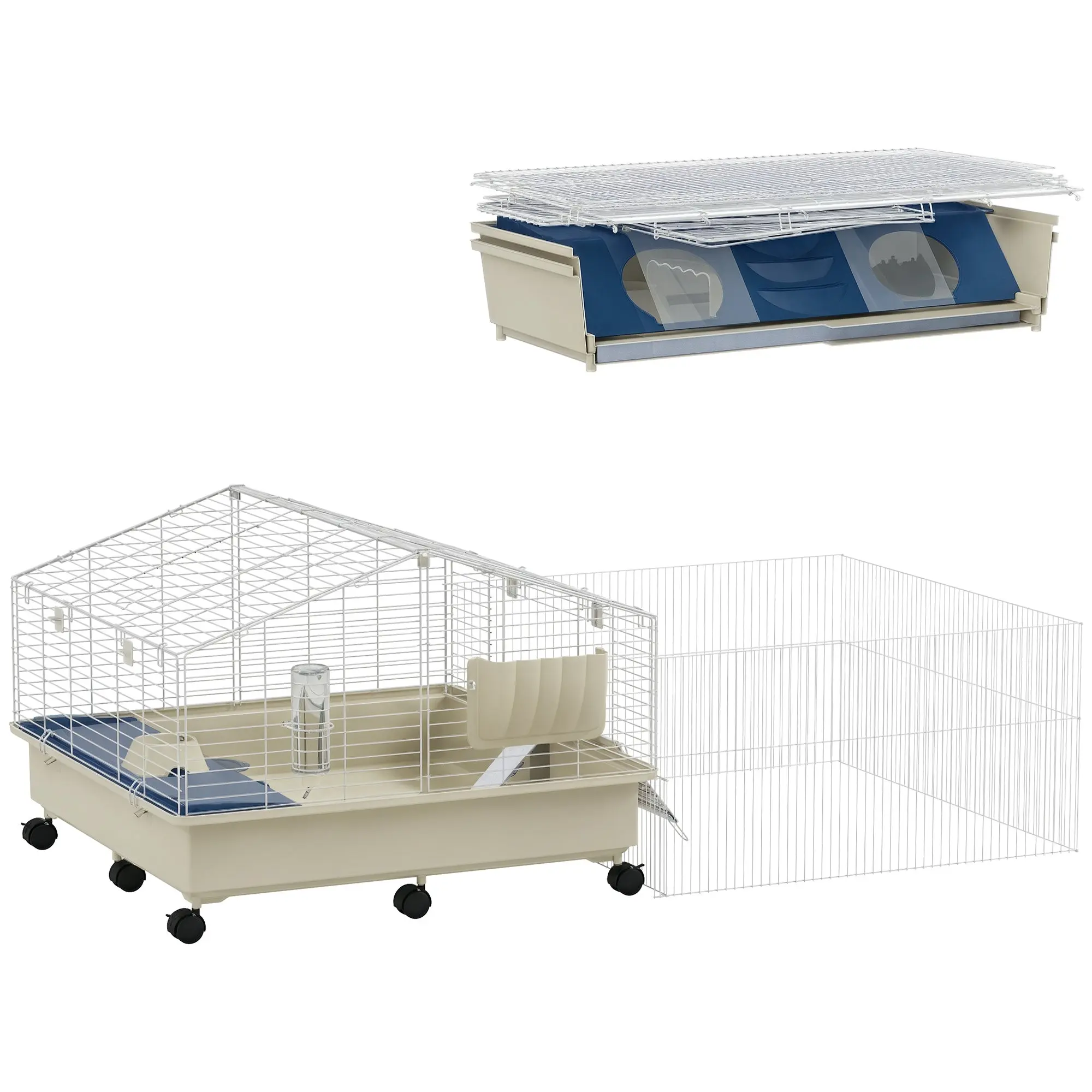 Small Pet Cage with Playpen, Rabbit Cage, Small Animal Hutch with Water Bottle, Hay Feeder, Food Bowl, Ramp Rodent Cage with Wheels for Guinea Pigs and Hedgehogs White
