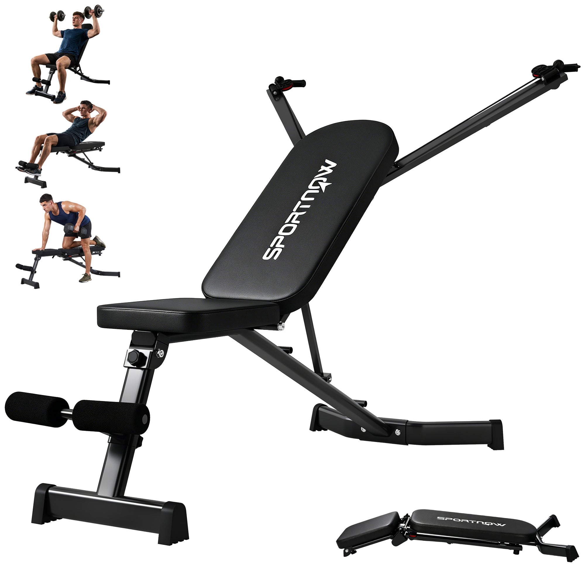 SPORTNOW Banc de musculation réglable 3 positions – Banc pliable incliné/décliné/plat avec élastiques pour entraînement complet, noir