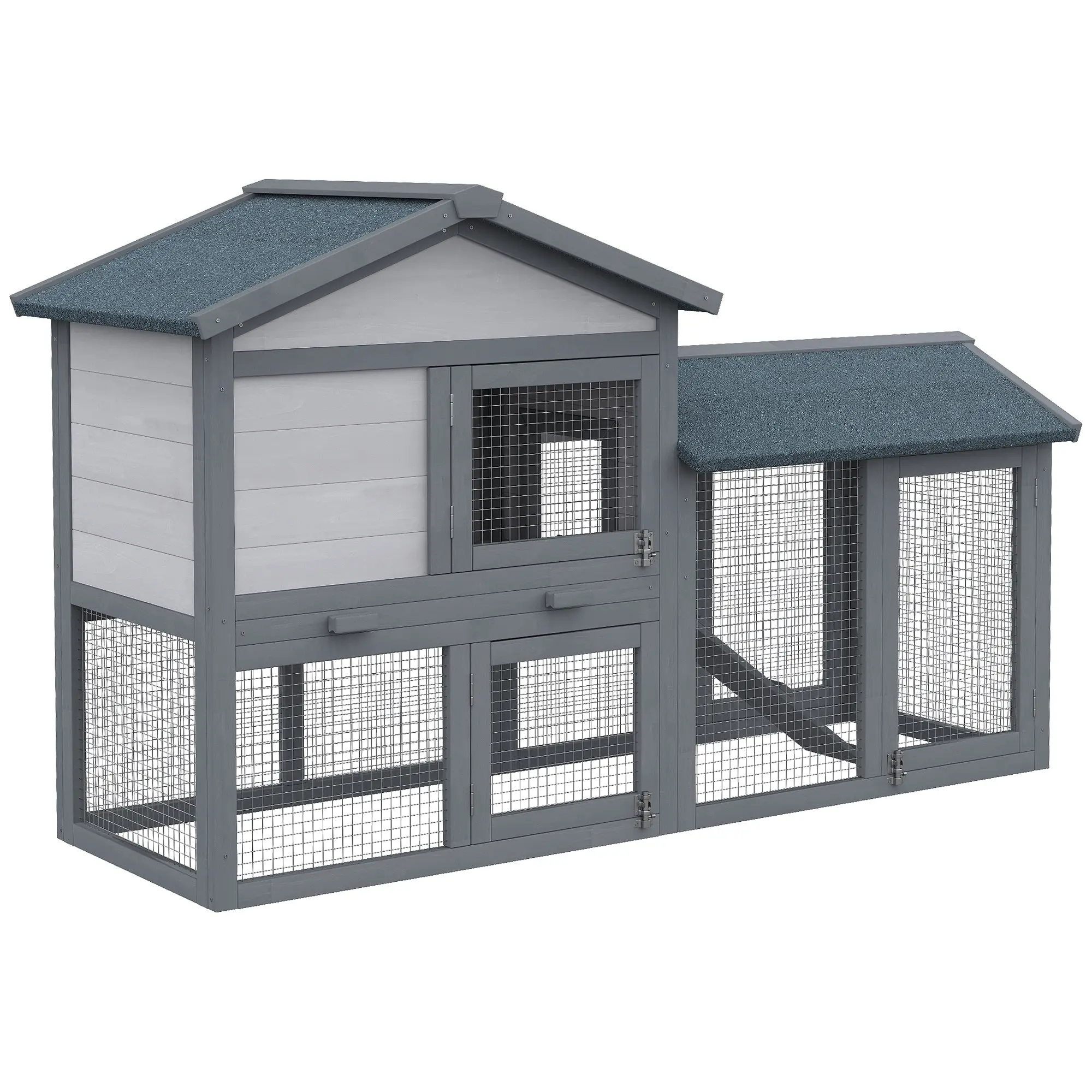 Rabbit Hutch with Run, Outdoor Wooden Bunny Hutch with Removable Tray, Non-Slip Ramp, Multiple Lockable Doors, Asphalt Roof and Large Activity Space, Grey