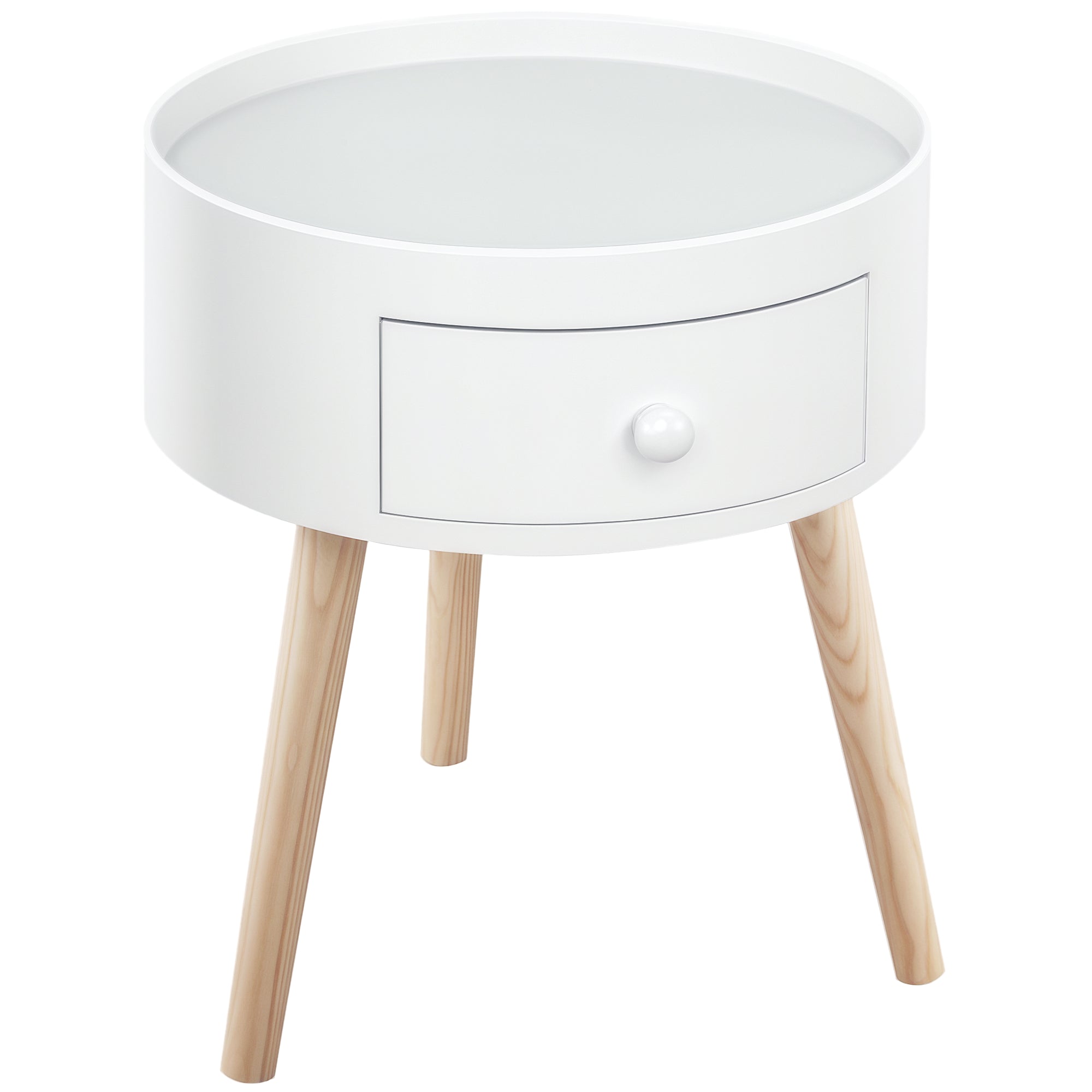 HOMCOM Nachttisch mit 1 Schublade Rundtisch mit Erhöhung und 3 Holzbeinen für Schlafzimmer Wohnzimmer Moderner Stil Ø38x45 cm Weiß