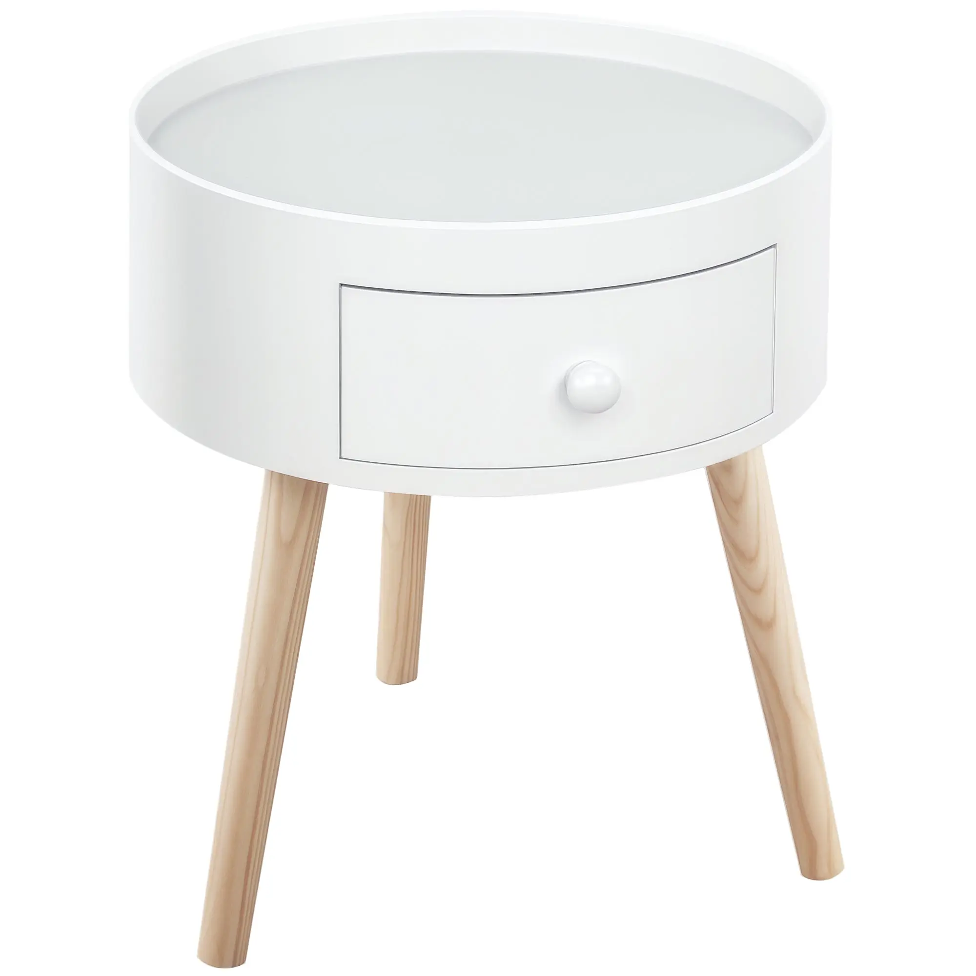 Bedside Table with 1 Drawer Round Side Table with Raised Edge and 3 Wooden Legs for Bedroom Living Room Modern Style ?38x45 cm White