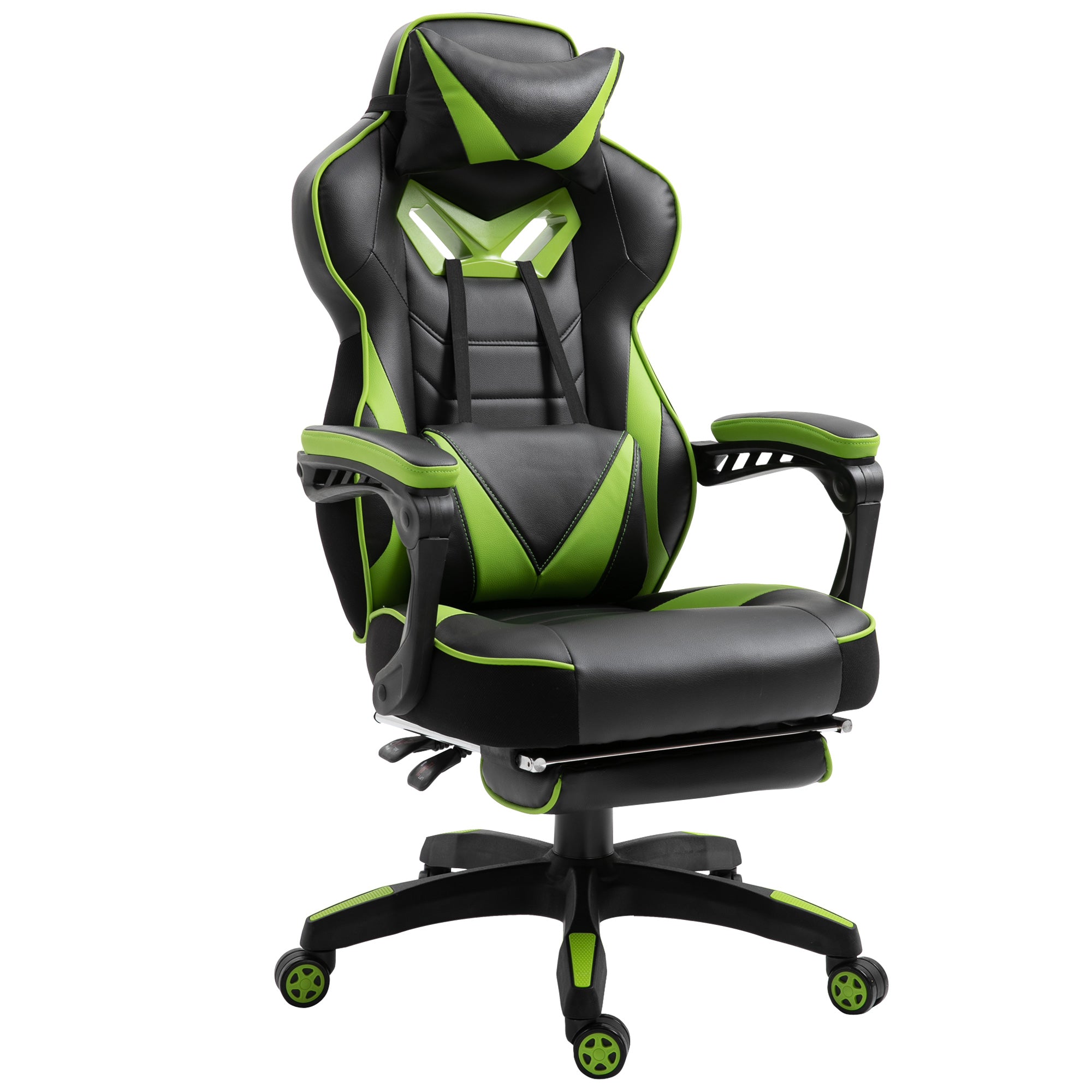 Vinsetto Ergonomesch Gaming Stol Büro Stol mat héich Equilíbrio, Récklehne verstellbar, mat Foussstuhl, Kopflehn a Lendenkudde, Rieder 65x70x117-128 cm Gréng