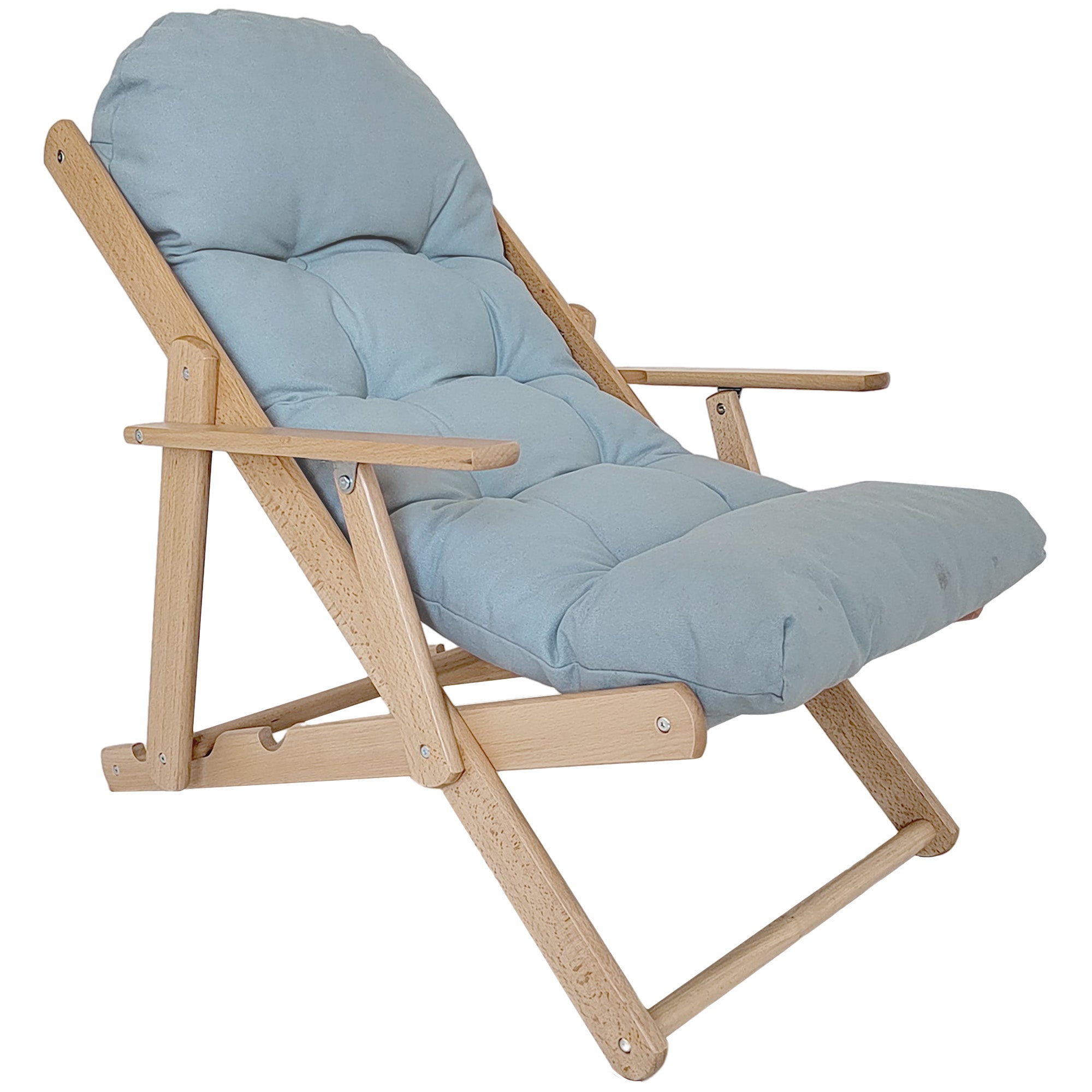 Folding Reclining Lounge Chair with Wooden Frame, Adjustable Backrest and Thick Padded Cushion, Gray, 71 x 89 x 96 cm