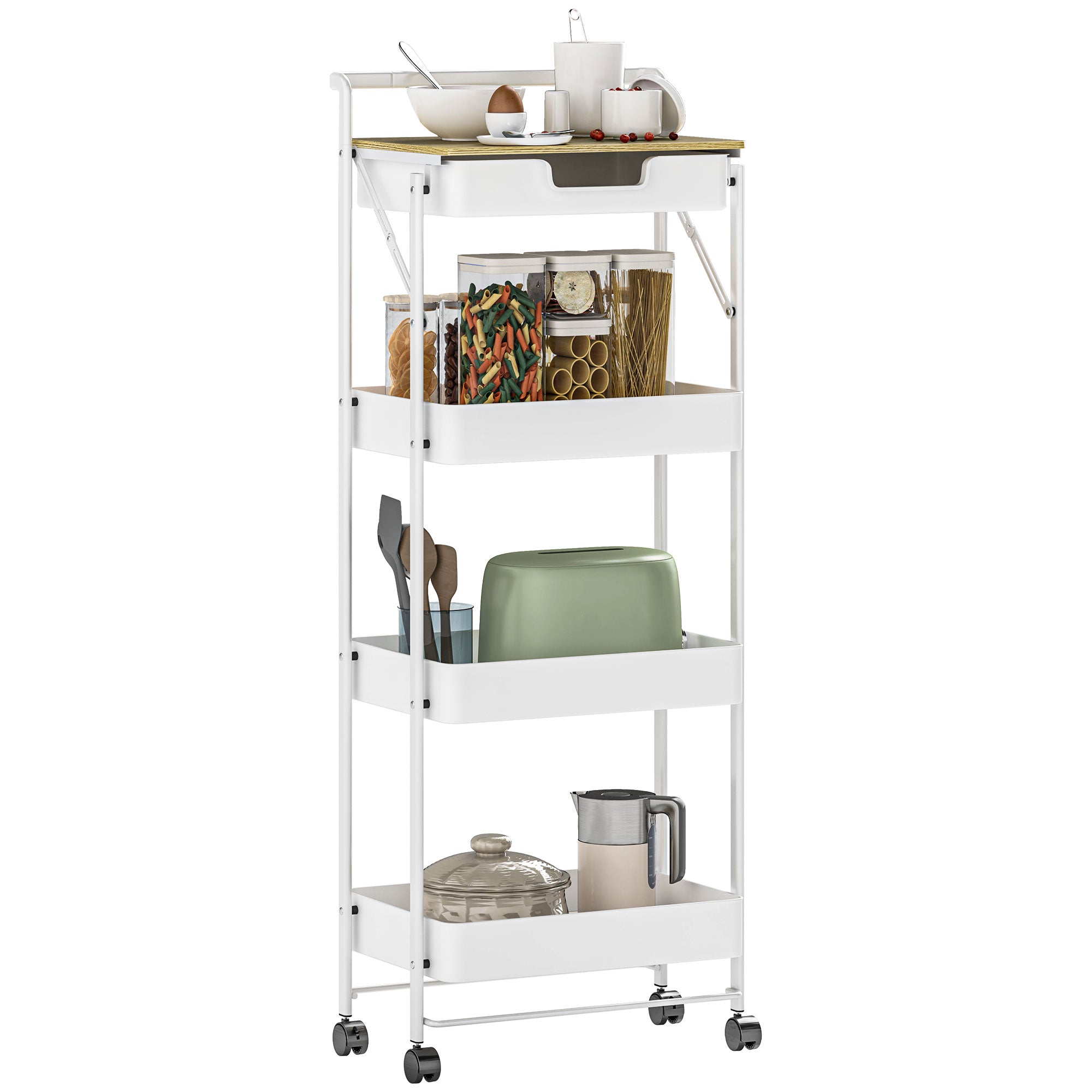 HOMCOM 4-stufiger Utility-Wagen mit Rädern - Küchenwagen mit 1 Schublade und 3 Körben, Organizer-Wagen für Schlafzimmer, Wohnzimmer, Büro, Weiß