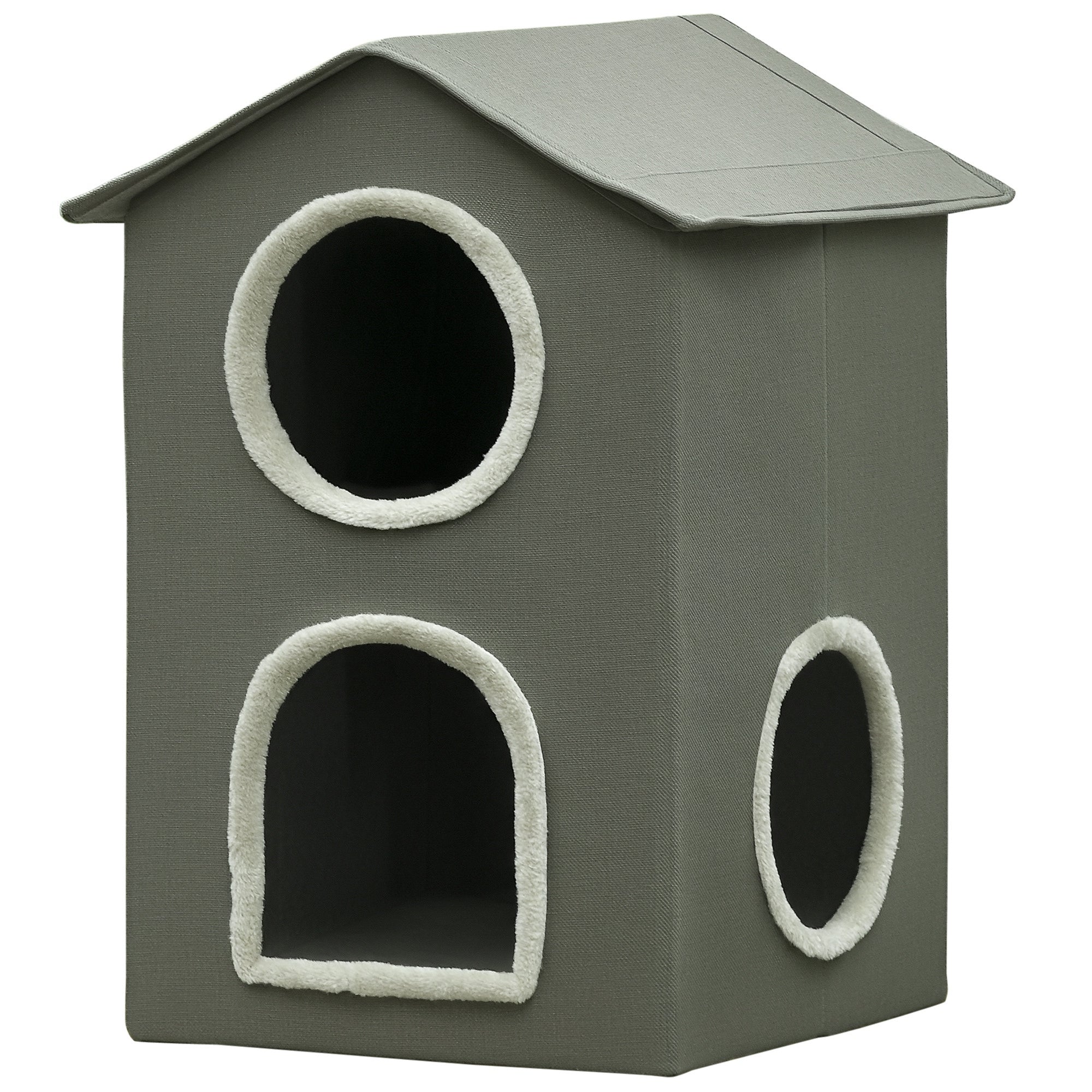 PawHut Zwei-Ebenen Katzenhaus mit Waschbaren Kissen 3 Eingänge, 42x46x59,5 cm, Grau