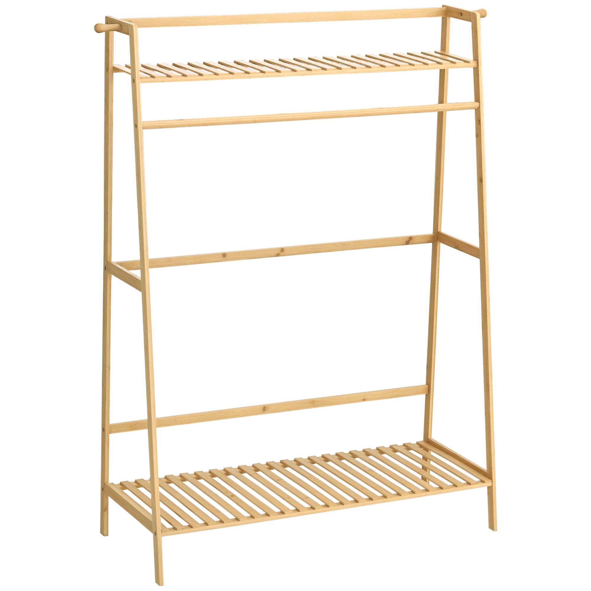 Coat Rack Coat Stand with Two Clothes Hooks, Clothes Rail, 2 Shelves, Coat Stand for Bedroom, Hallway, Bamboo, Natural