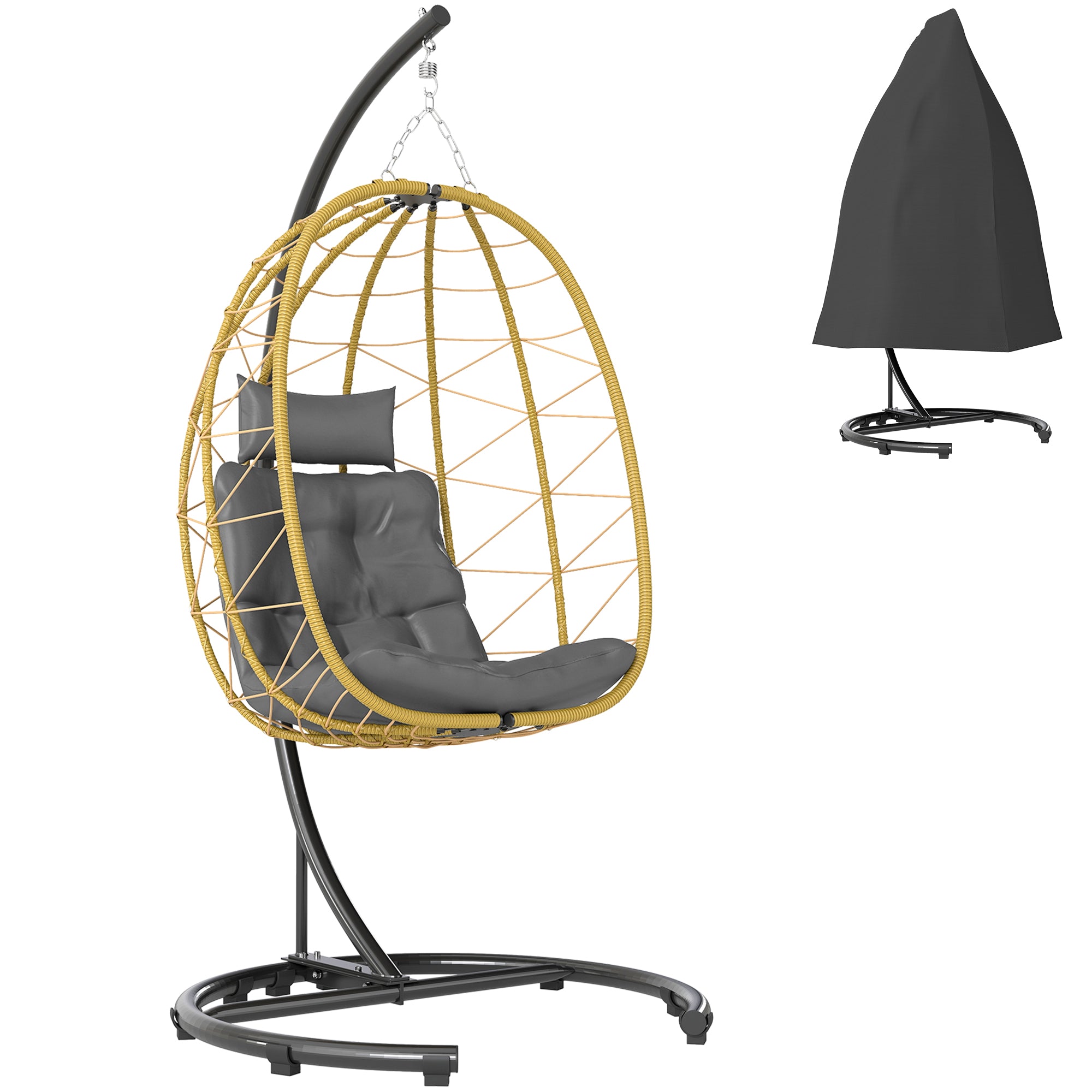 Outsunny Pakabinamas Krėslas 150kg max su Sulankstoma Krepšiu ir Pagalvėlėmis, Sodo Svyrantis Krėslas iš Plieno ir PE Ratanas, 102x102x195 cm, Juoda, Pilka ir Beige