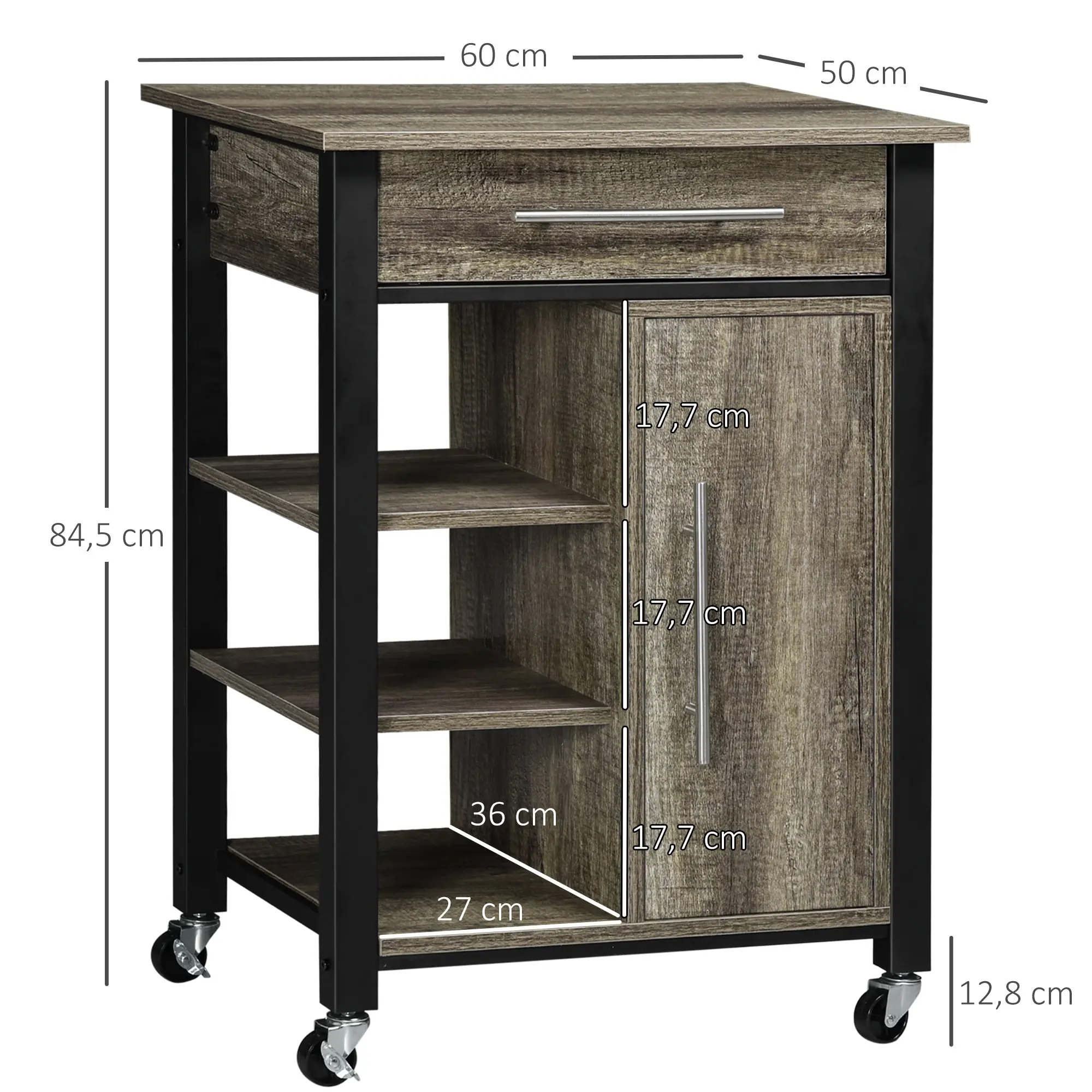 Kitchen Trolley Cart with Drawer and Wheels - 60 x 50 x 84.5 cm - Black and Oak Effect