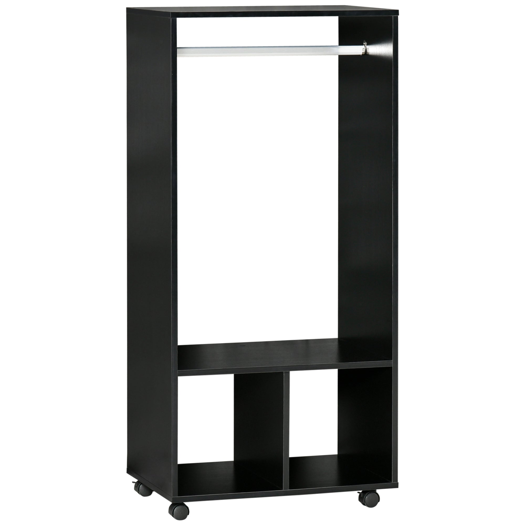 HOMCOM Kleiderschrank mit Rollen, Offenes Design Kleiderschrank mit Kleiderstange und Regalen Organizer für Schlafzimmer Kleidung 60x40x128 cm Schwarz