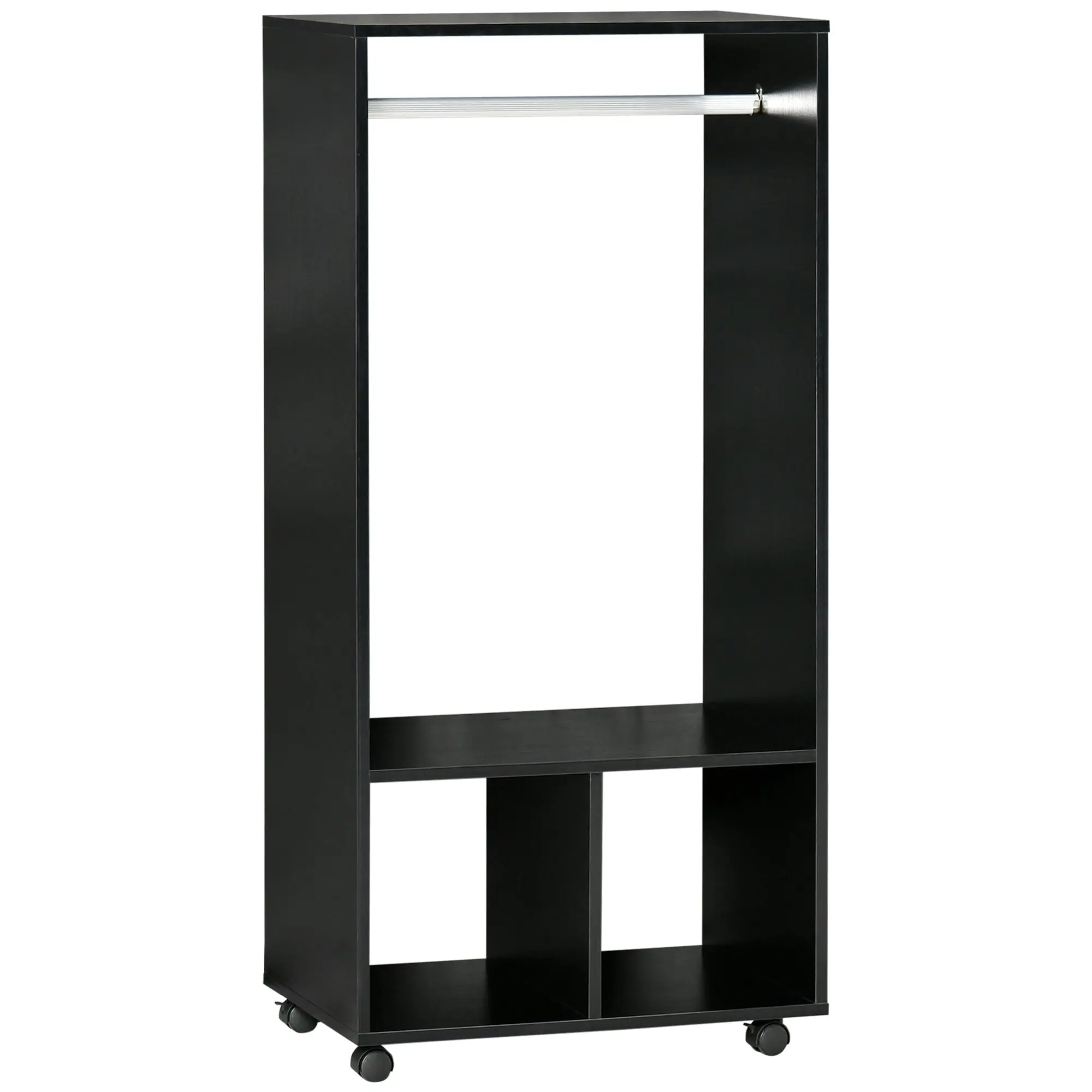 Wardrobe with Wheels, Open Design Wardrobe with Hanging Bar Shelves Organizer for Bedroom Clothes 60x40x128 cm Black