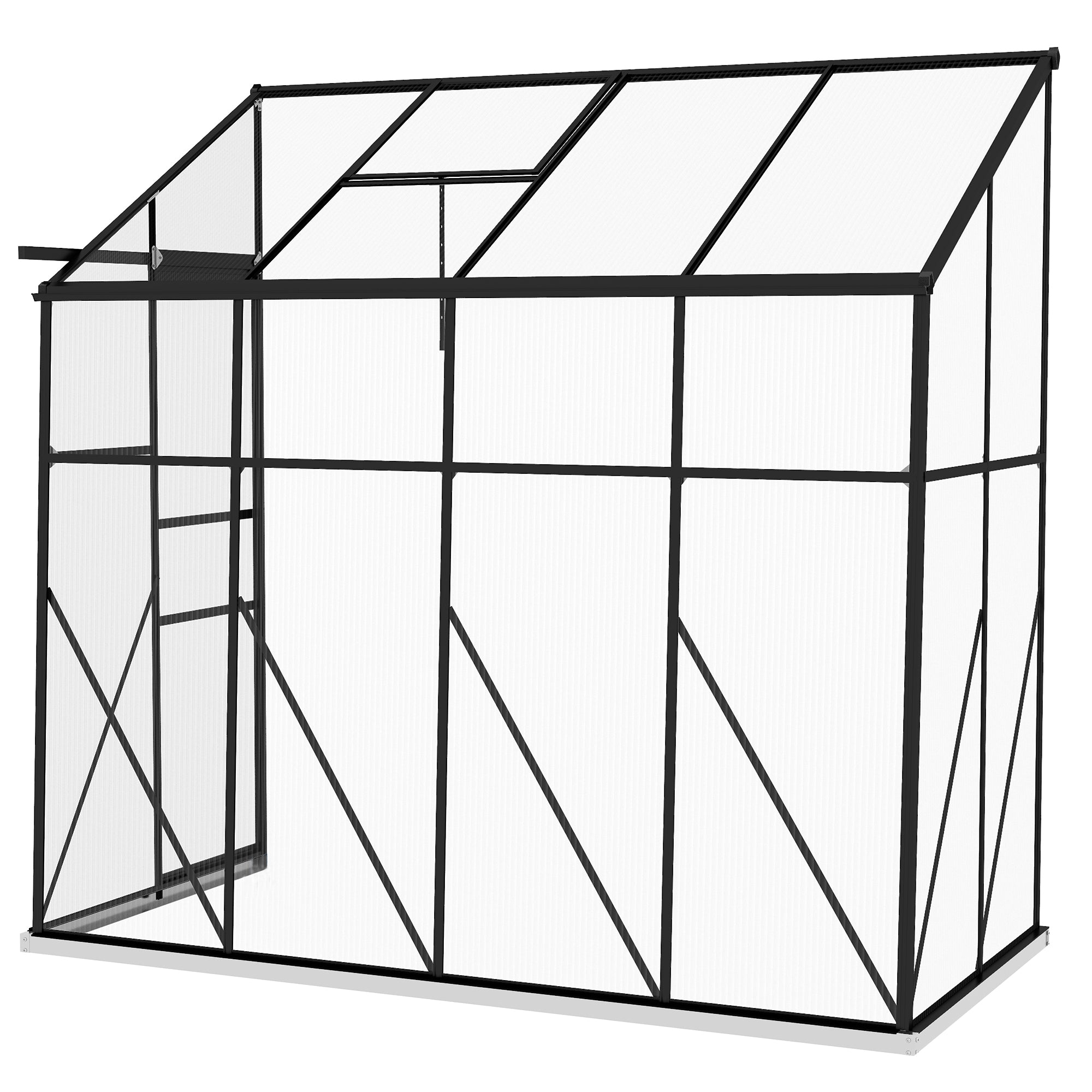 Outsunny Låge-drivhus, Polycarbonat Have-drivhus med Skydedør, 5-niveau Tagventilation, Aluminiumramme og Fundament, Sort