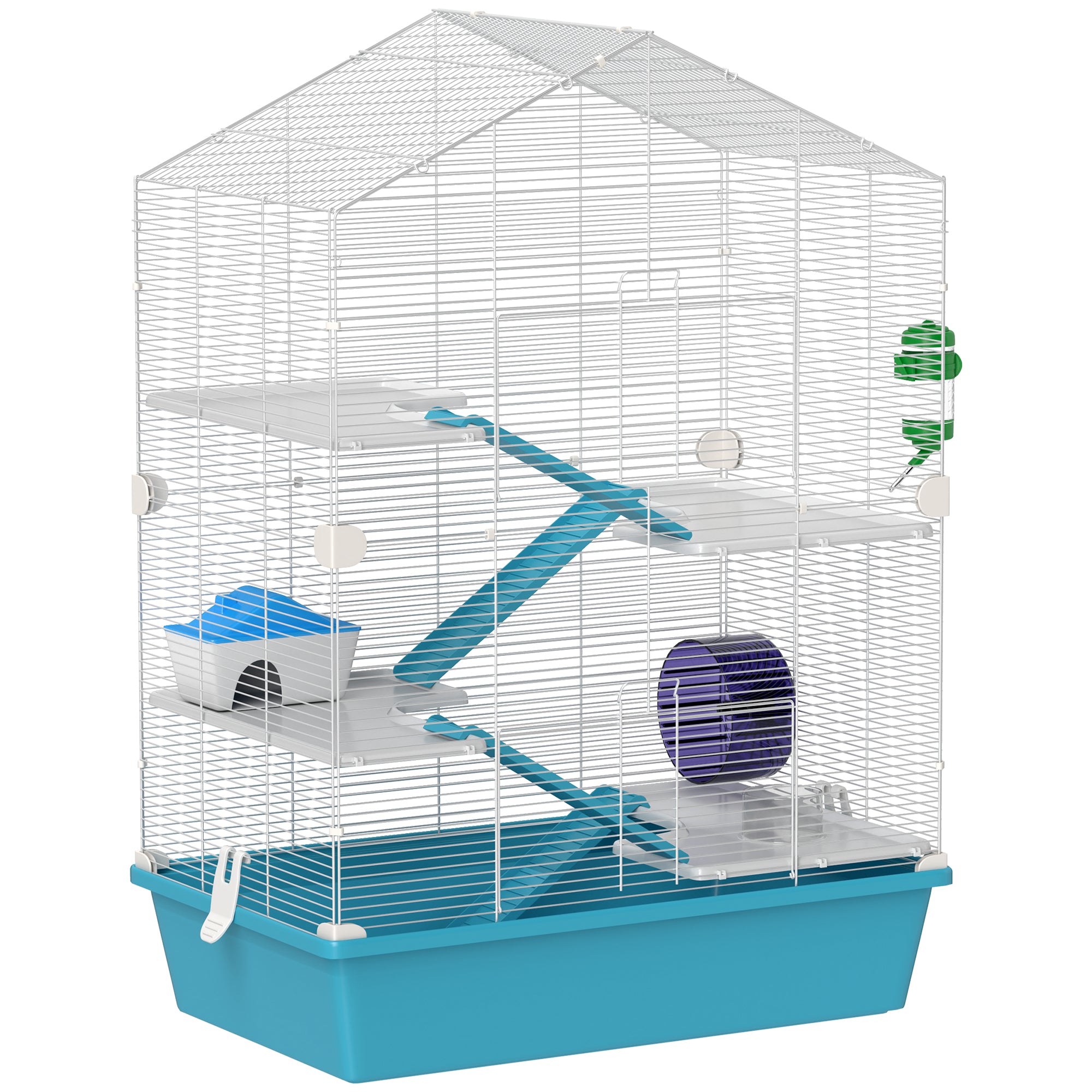 PawHut 5-podlažní klec pro křečky - malý dům pro zvířata s plošinami, miskou, napáječem, rampami a kola na cvičení 58x36x81 cm Světle modrá