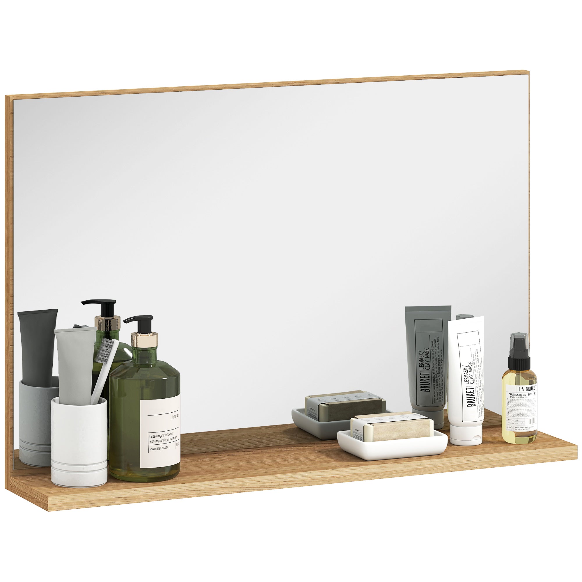 Kleankin Wandspiegel voor de Badkamer met Plank, Moderne Multifunctionele Spiegel voor Badkamer, Slaapkamer en Hal, 60x12x40 cm, Hout