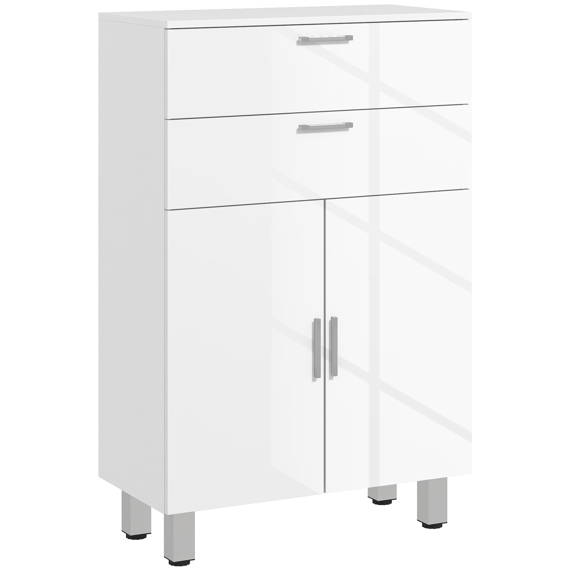 Bathroom Cabinet Side Cabinet with 2 High Gloss White Drawers, Door, Bathroom Cabinet with Adjustable Shelf, Storage Cabinet for Living Room 60 x 30 x 93 cm