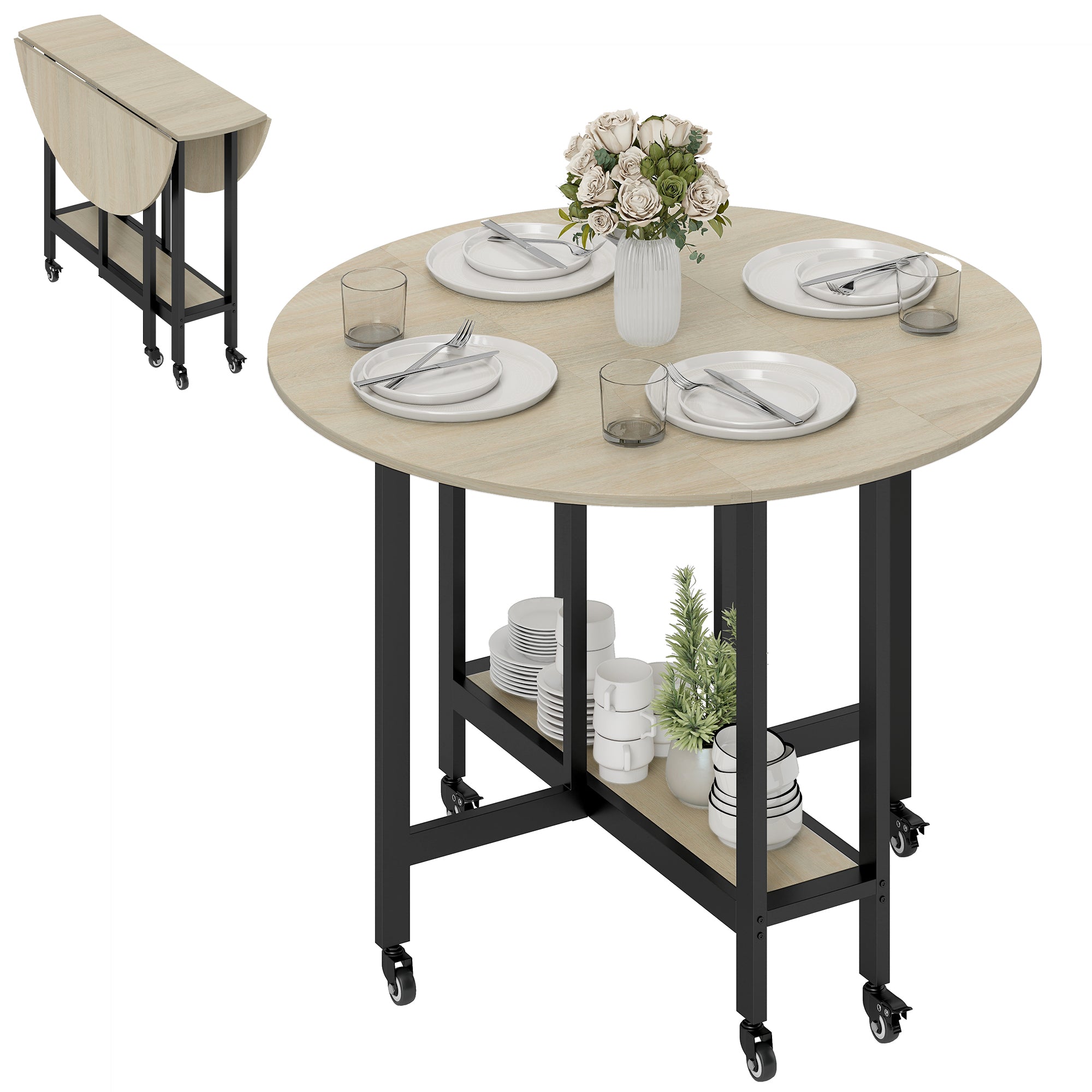 HOMCOM foldbart spisebord med hylde og låsbare hjul — plads til 2–4 personer — natur, 100 x 100 x 75 cm
