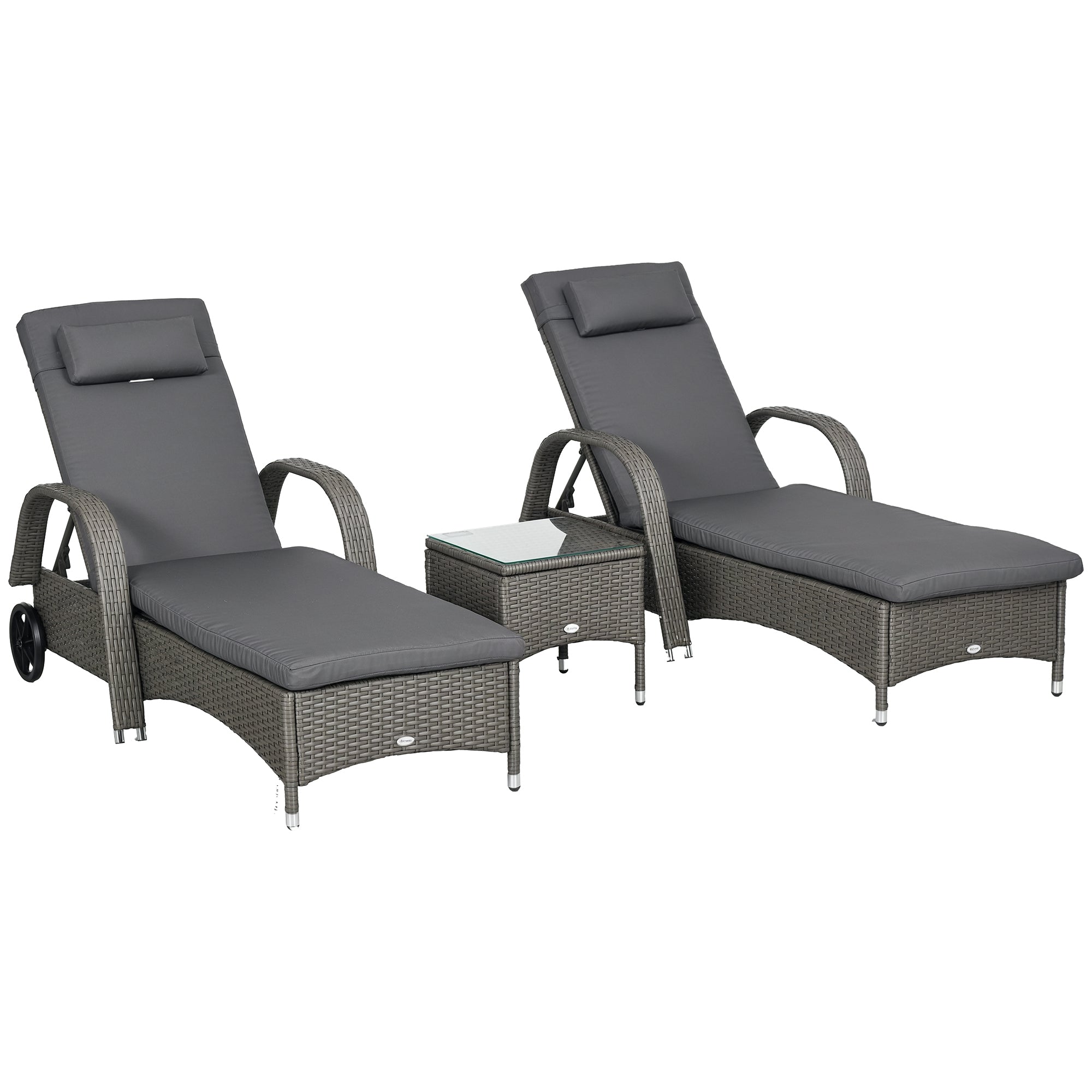 Outsunny Sonnenliege Gartenliege Tisch 3-teiliges Gartenmöbel-Set, Polyrattan+Metall Grau+Dunkelgrau