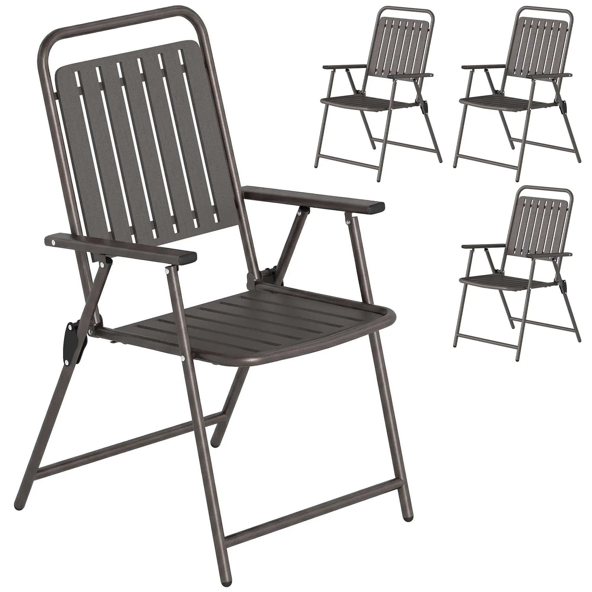 Set of 4 Folding Outdoor Garden Chairs with Armrests, PP Slatted Seat & Back, Metal Frame, 21.7 x 24.8 x 36.6 in, Brown